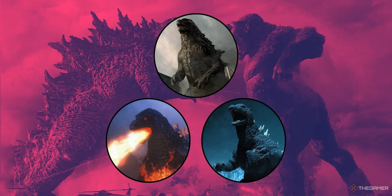 How To Watch Godzilla Movies In Order 2 Godzilla Movies To Buy Featured Image Godzilla Vs Kong In The Background with three different Godzillas within circles in the foreground