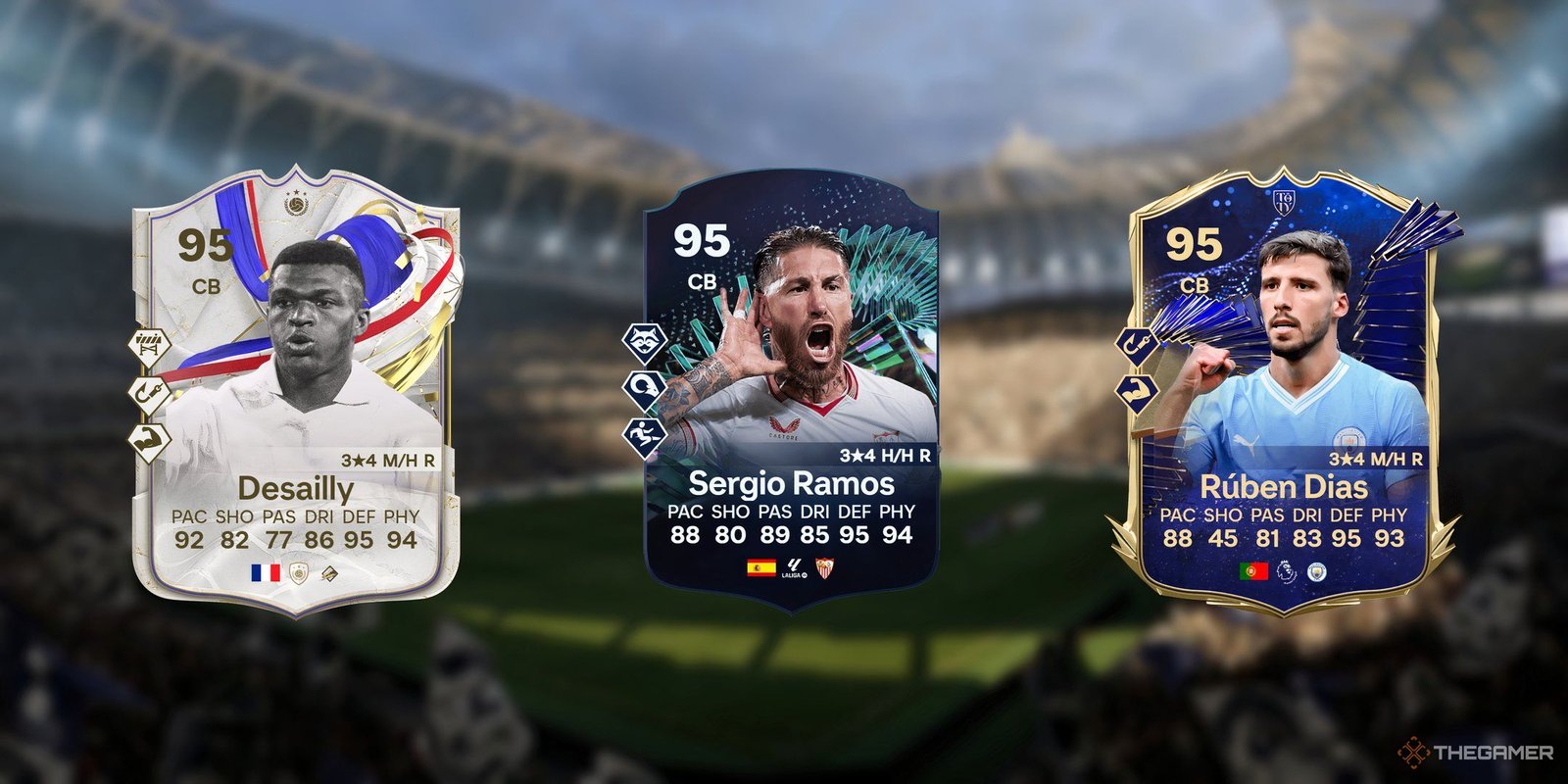An image of Desailly, Ramos, and Ruben Dias in EA Sports FC 24.