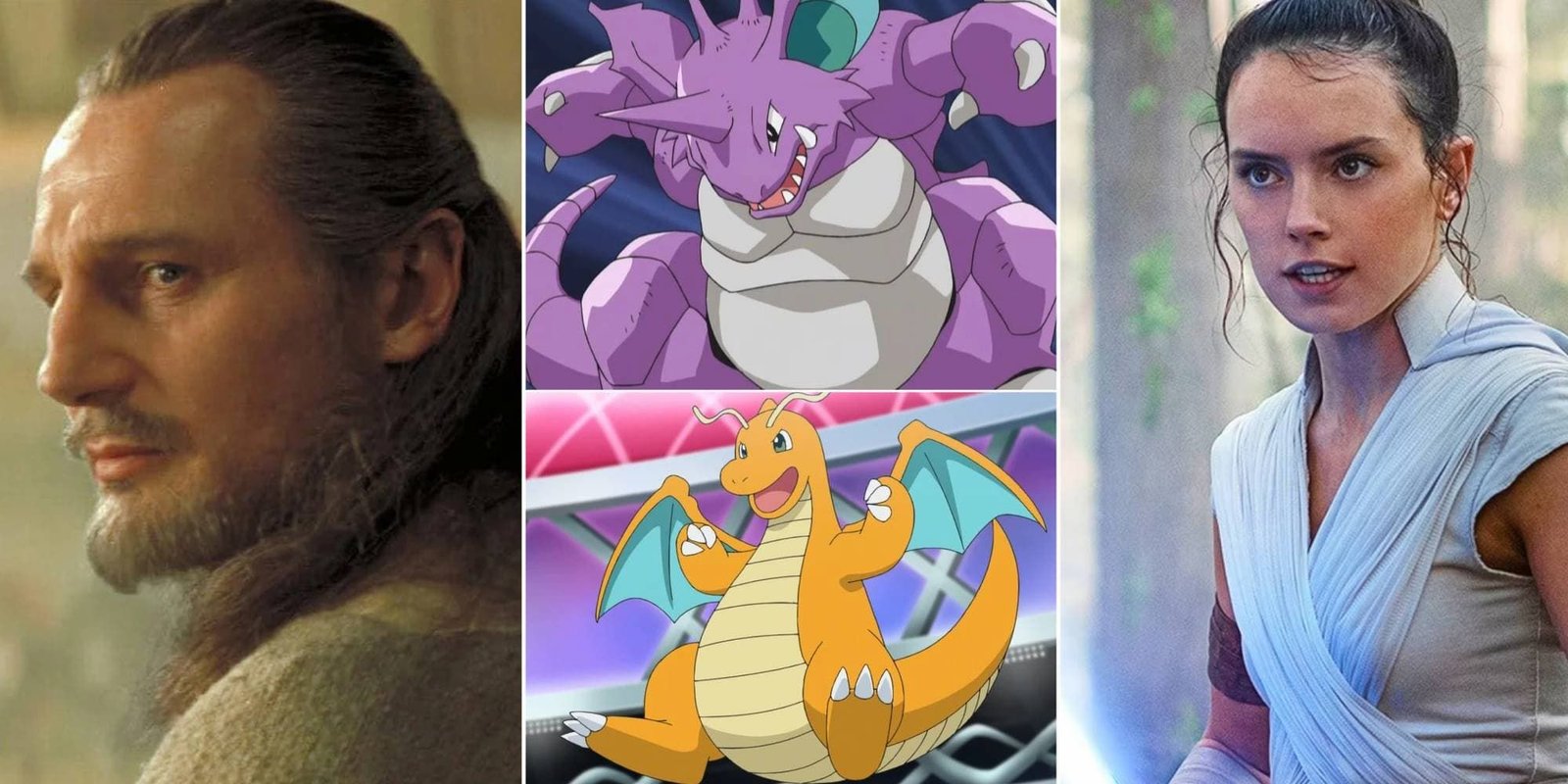 The Best Droids In Star Wars 4 Qui-Gon Jinn looks over his shoulder, Nidoking stomps, Dragonite floats in the sky ready to fight, and Rey prepares to battle with her blue lightstaber.