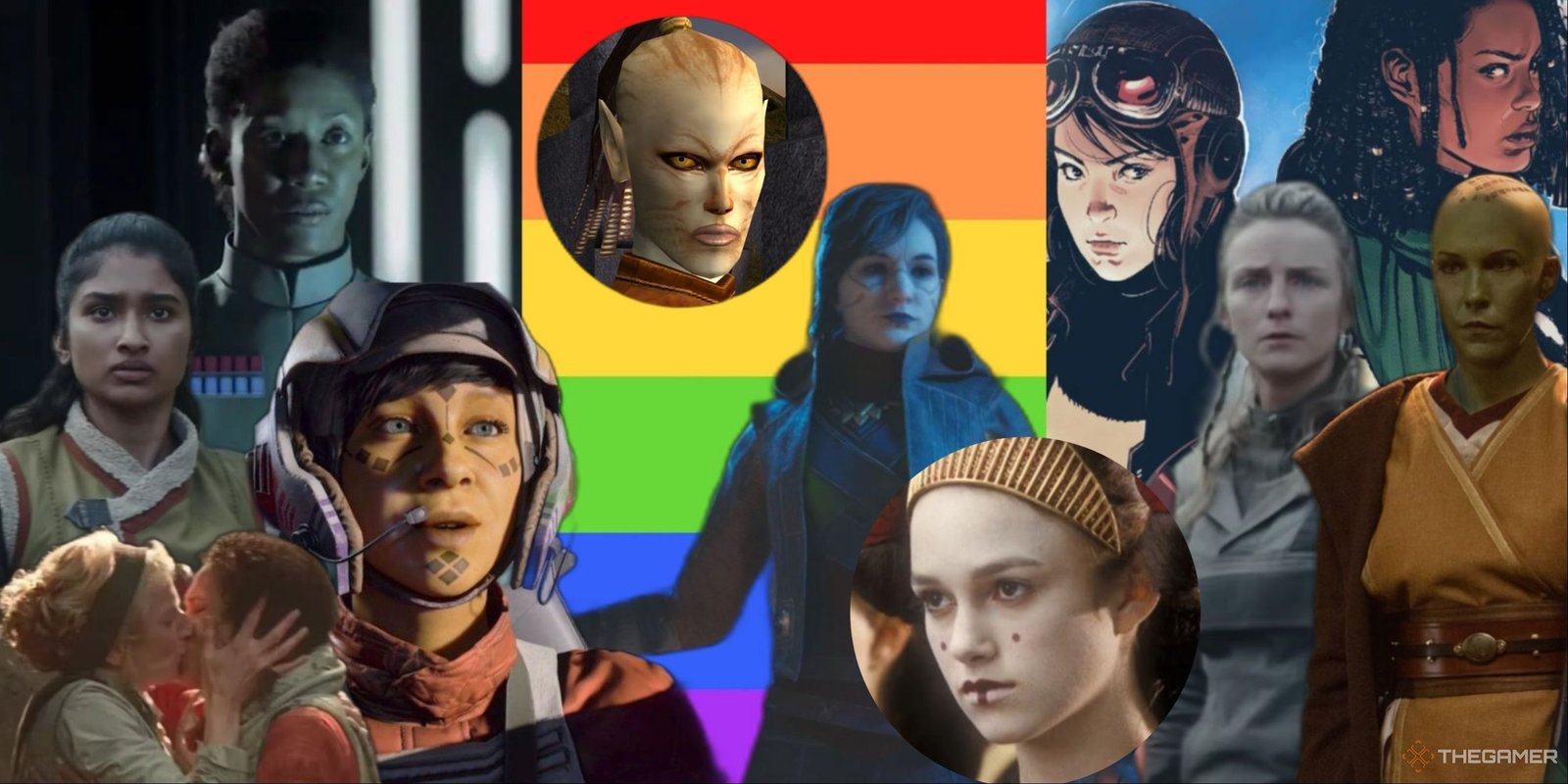 The Best Droids In Star Wars 3 Star Wars Best LGBTQ+ Characters Updated Feature Image Collage With Vernestra Rwoh, Juhani, Sabe, Larma And Wrobie Kissing From The Rise of Skywalker, And The Pride Flag In The Center
