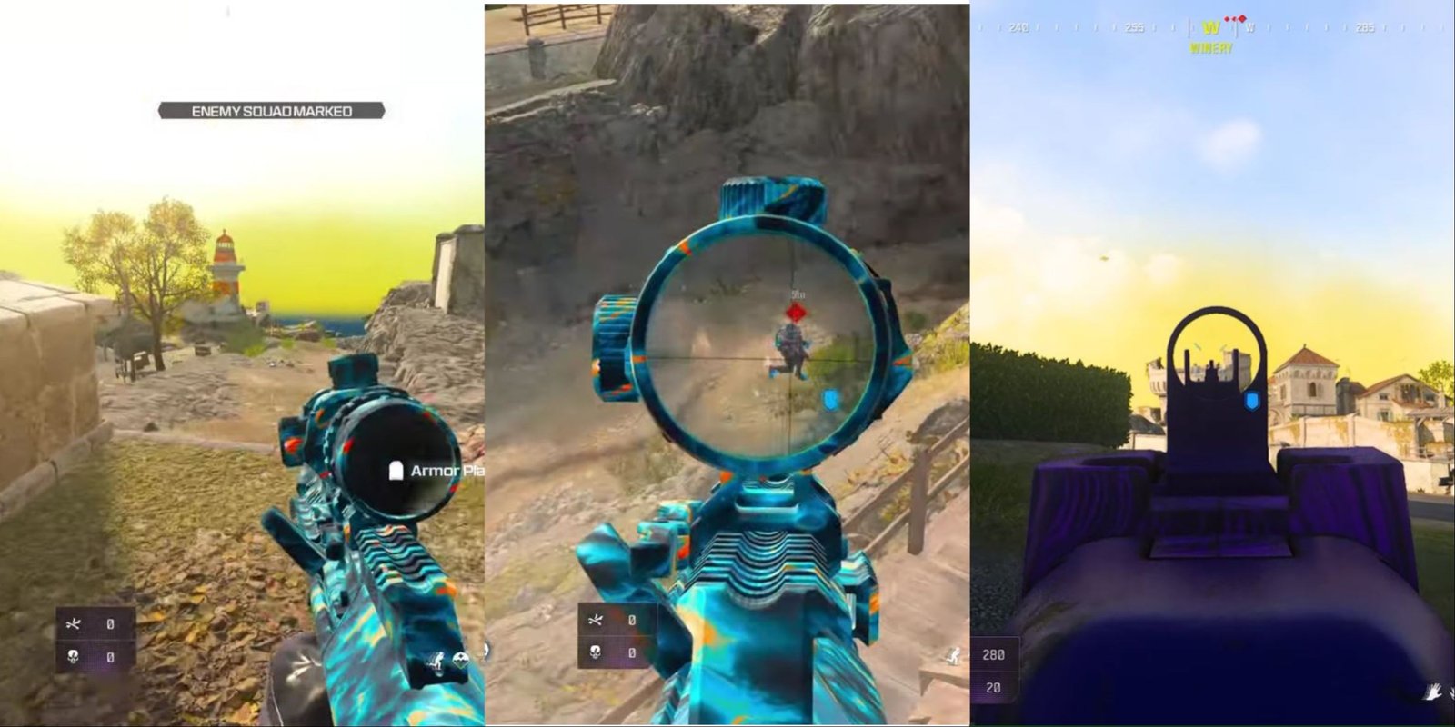 Best Rifles In CoD Warzone 5 Collage of a blue rifle in front of a lighthouse, a blue rifle shooting at an enemy at the distance, and a purple rifle shooting at a tower from long range in Call of Duty Warzone