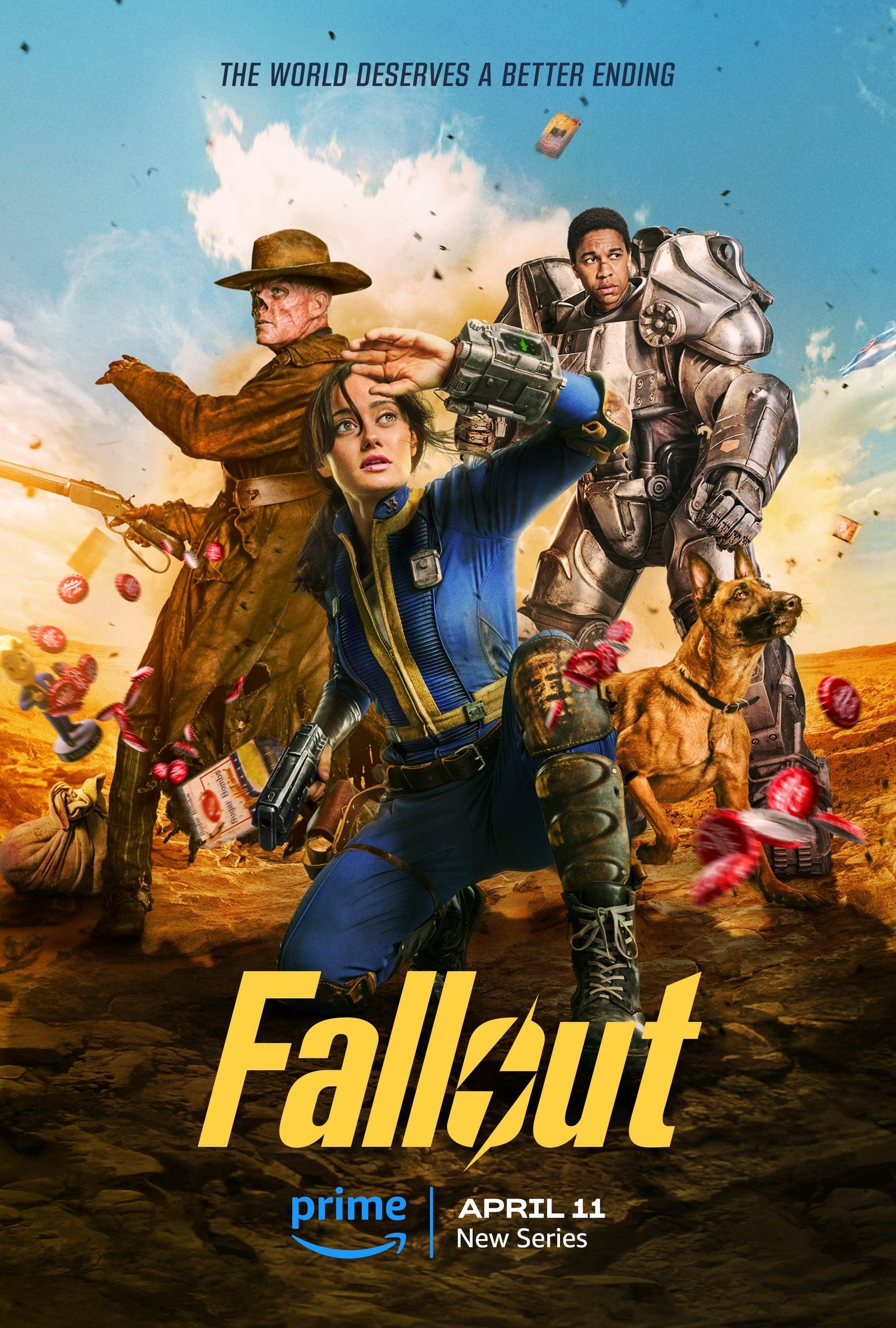 Fallout TV Series Nominated For 17 Emmys 1 Fallout TV Show Poster Showing Lucy, CX404, Ghoul, and Maximus in Front of an Explosion with Flying Bottle Caps
