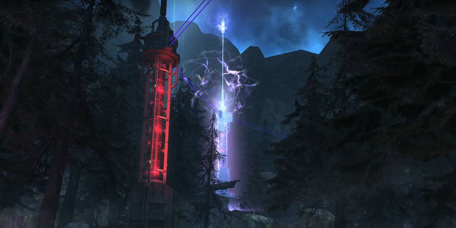 A pillar in a forest being struck by lightning