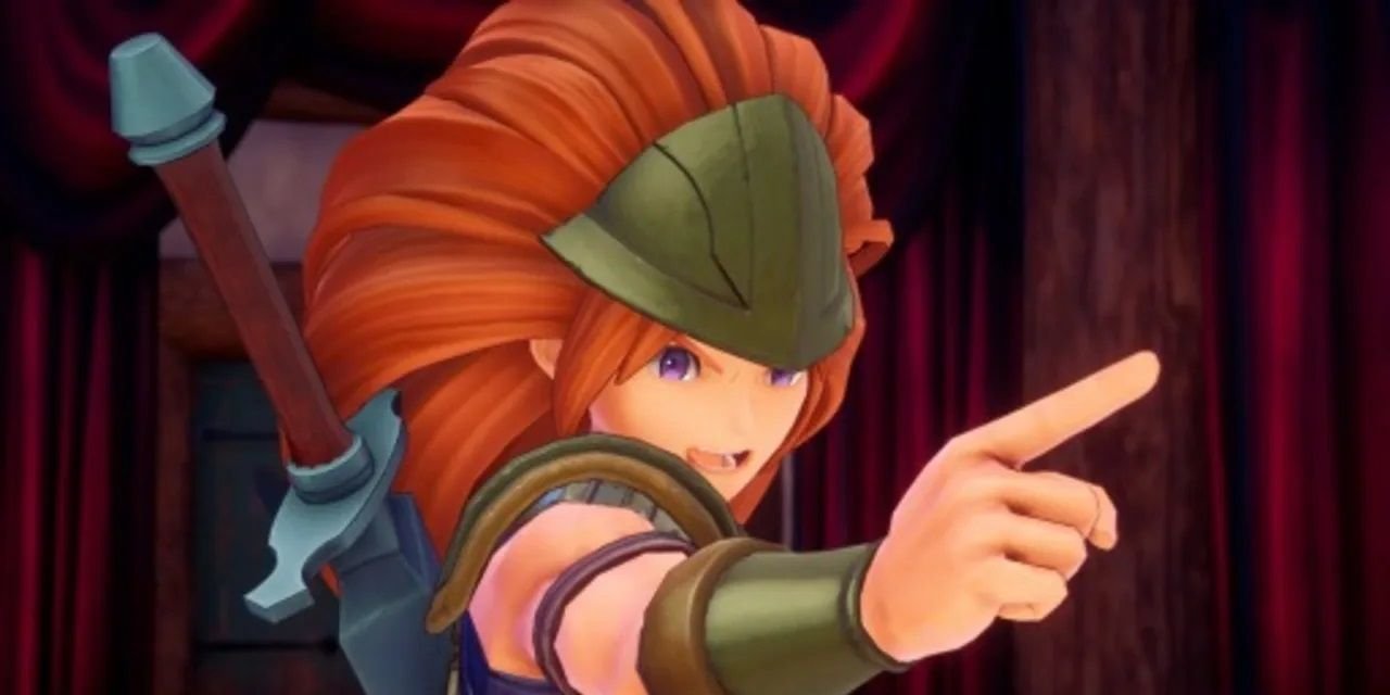 Duran points offscreen in Trials of Mana.