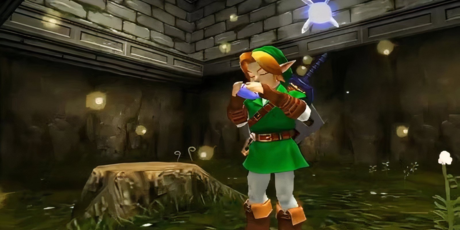 Image of Link playing the ocarina beside a log in a temple in The Legend Of Zelda Ocarina Of Time.