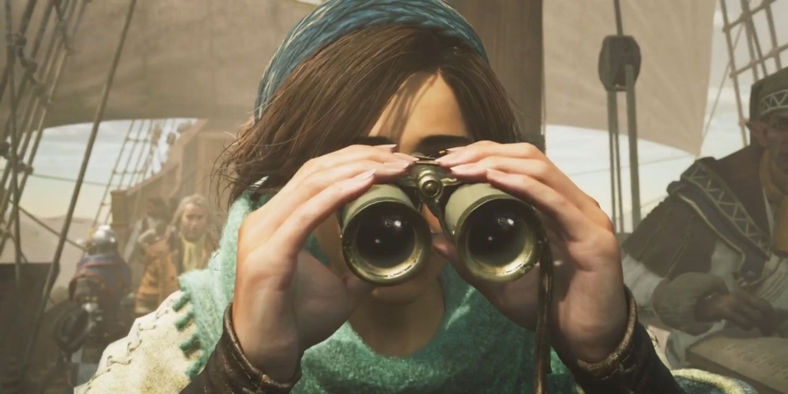 A young woman holding a pair of binoculars.