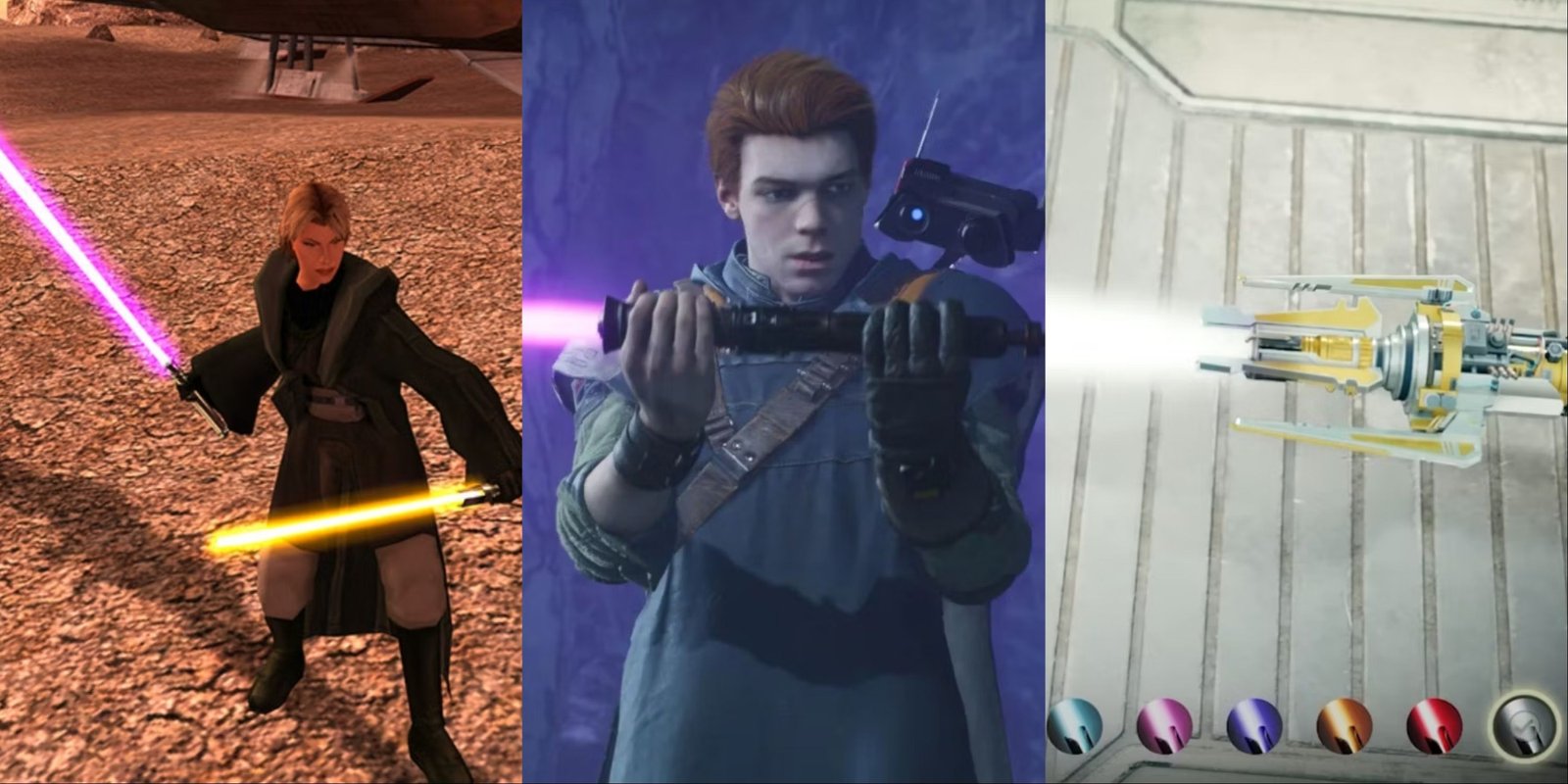 The Best Droids In Star Wars 2 Star Wars Games That Let You Customize Your Lightsaber Like Jedi Fallen Order - Knights Of The Old republic 2, Jedi Fallen Order Purple Ligthsaber, and Jedi Survivor's White Lightsaber In The Menu