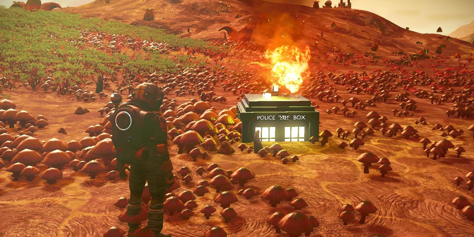 The Best Mods For No Man's Sky 8 No Man's Sky Mod Start With TARDIS Showing Astronaut With TARDIS.