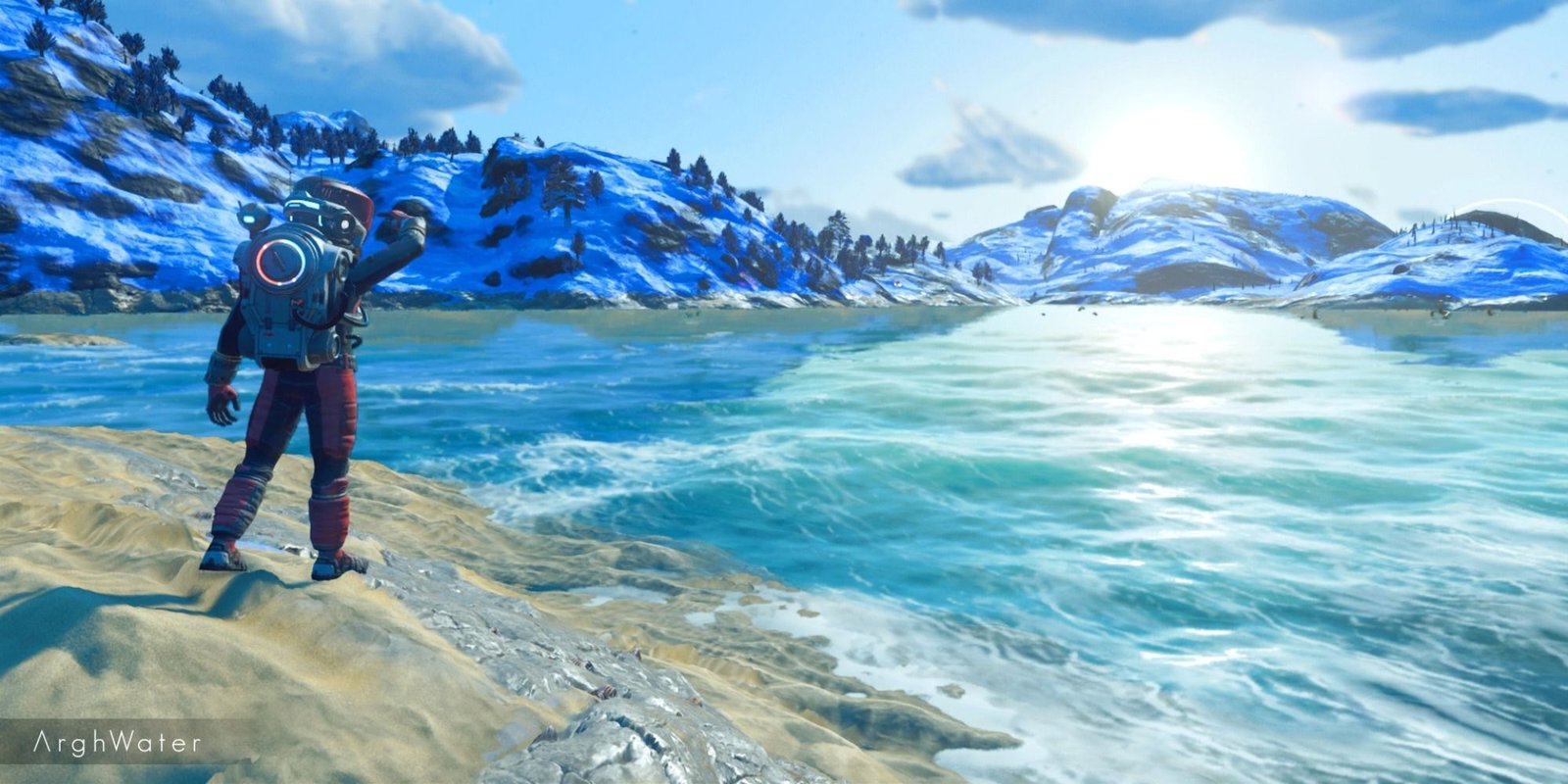 The Best Mods For No Man's Sky 17 ArghWater mod showing a player stood by water.
