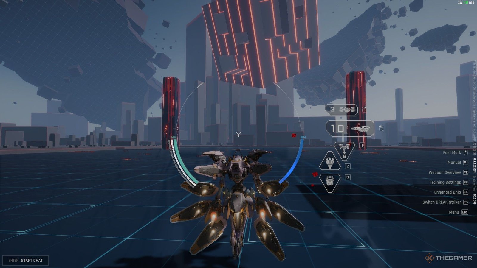 Messy And Chaotic Mech Fun 4 A support mech standing still on the training field in Mecha Break.