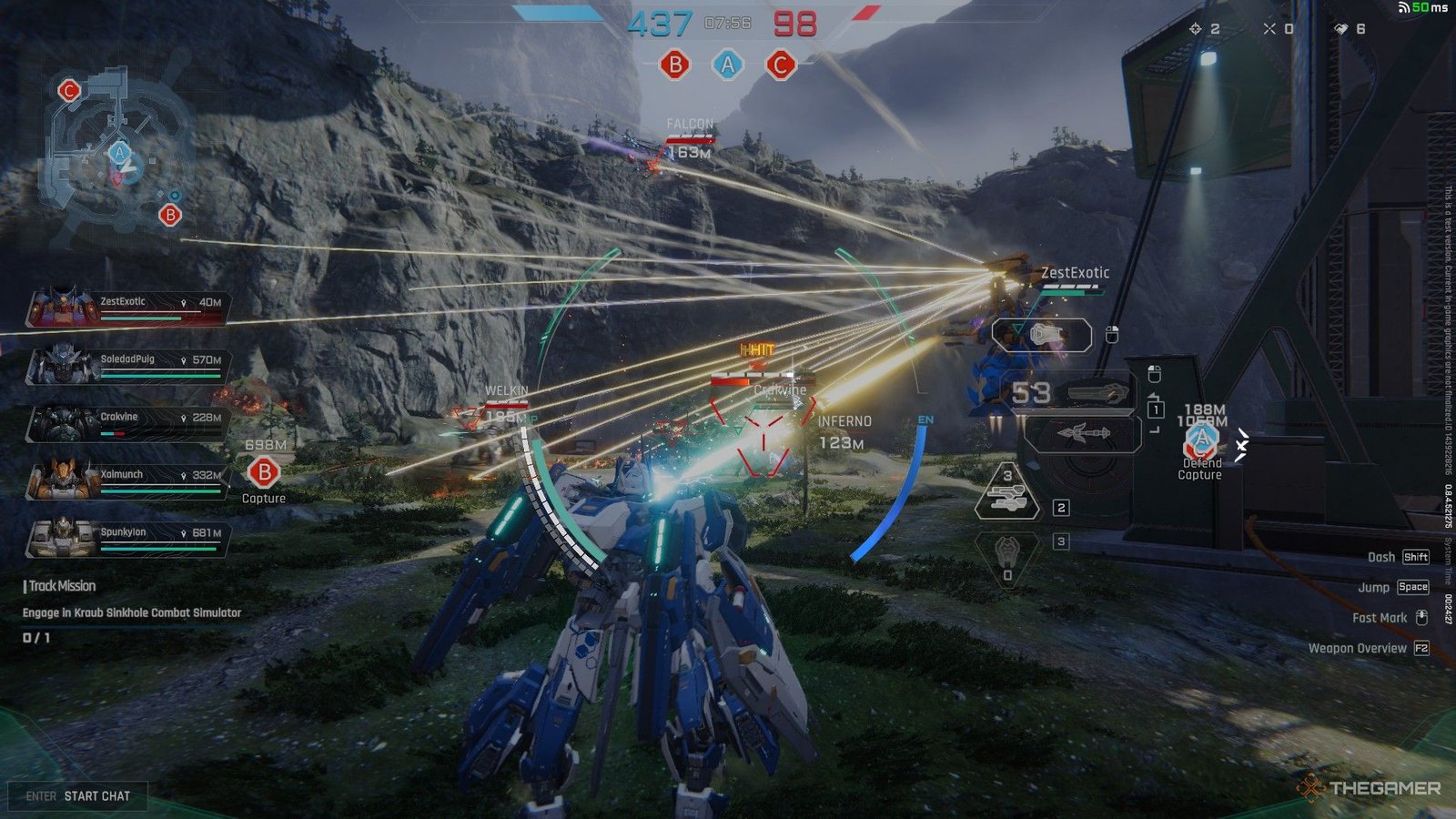 Messy And Chaotic Mech Fun 3 Four mechs fighting each other in two teams in an open field, with one of them shooting many lasers at once.