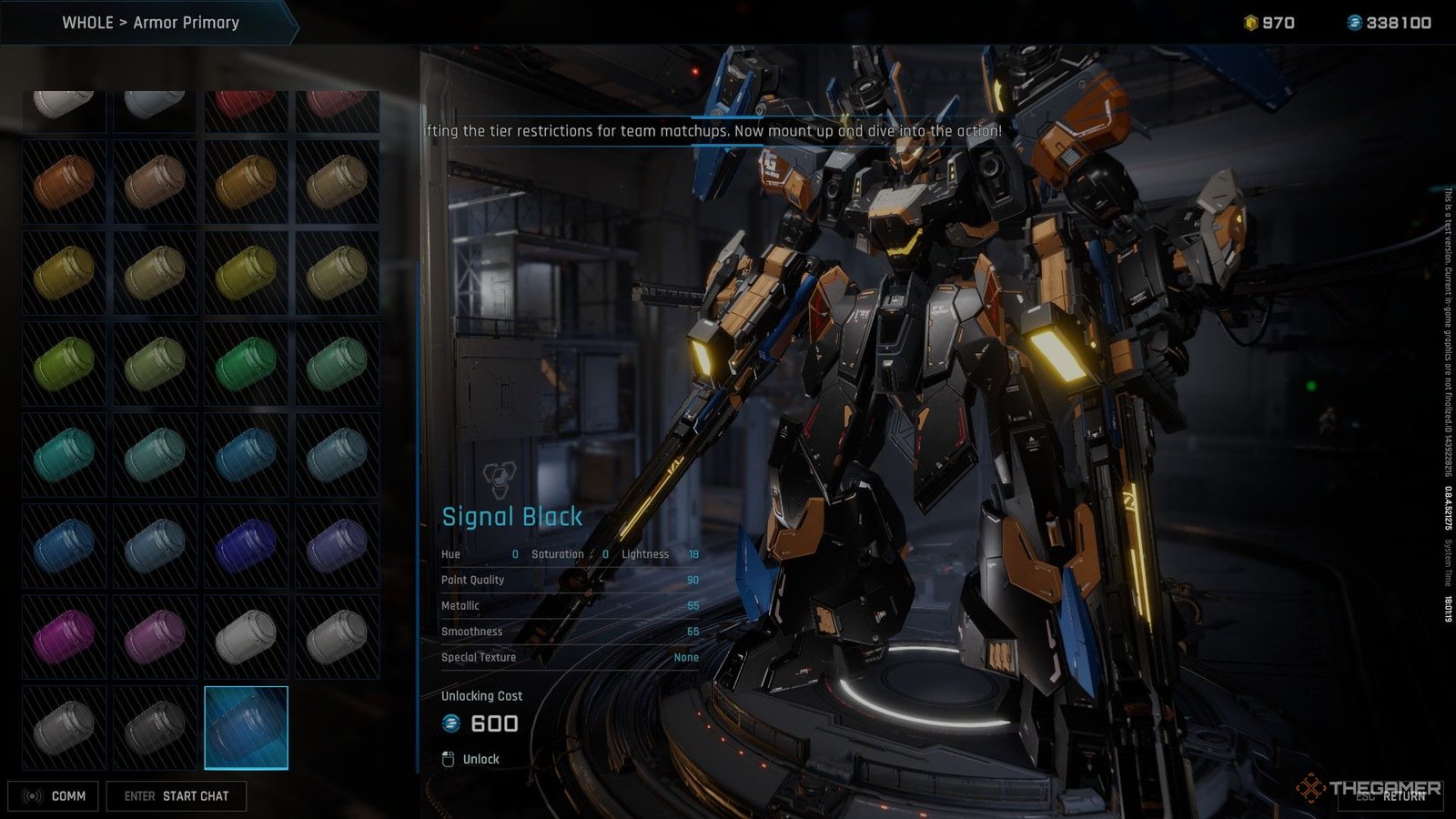 Messy And Chaotic Mech Fun 5 A screenshot showing the extensive selection of paints you can add to your mech in Mecha Break.
