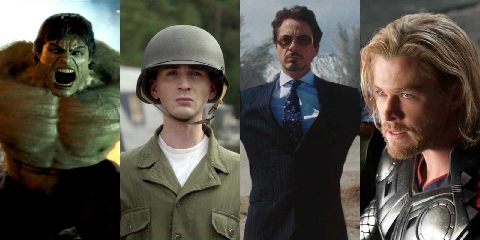 The Best X-Men Movies Of All Time 12 A collage showing Hulk (Edward Norton), Steve Rogers (Chris Evans), Tony Stark (Robert Downey Jr.), and Thor (Chris Hemsworth), from different Marvel movies