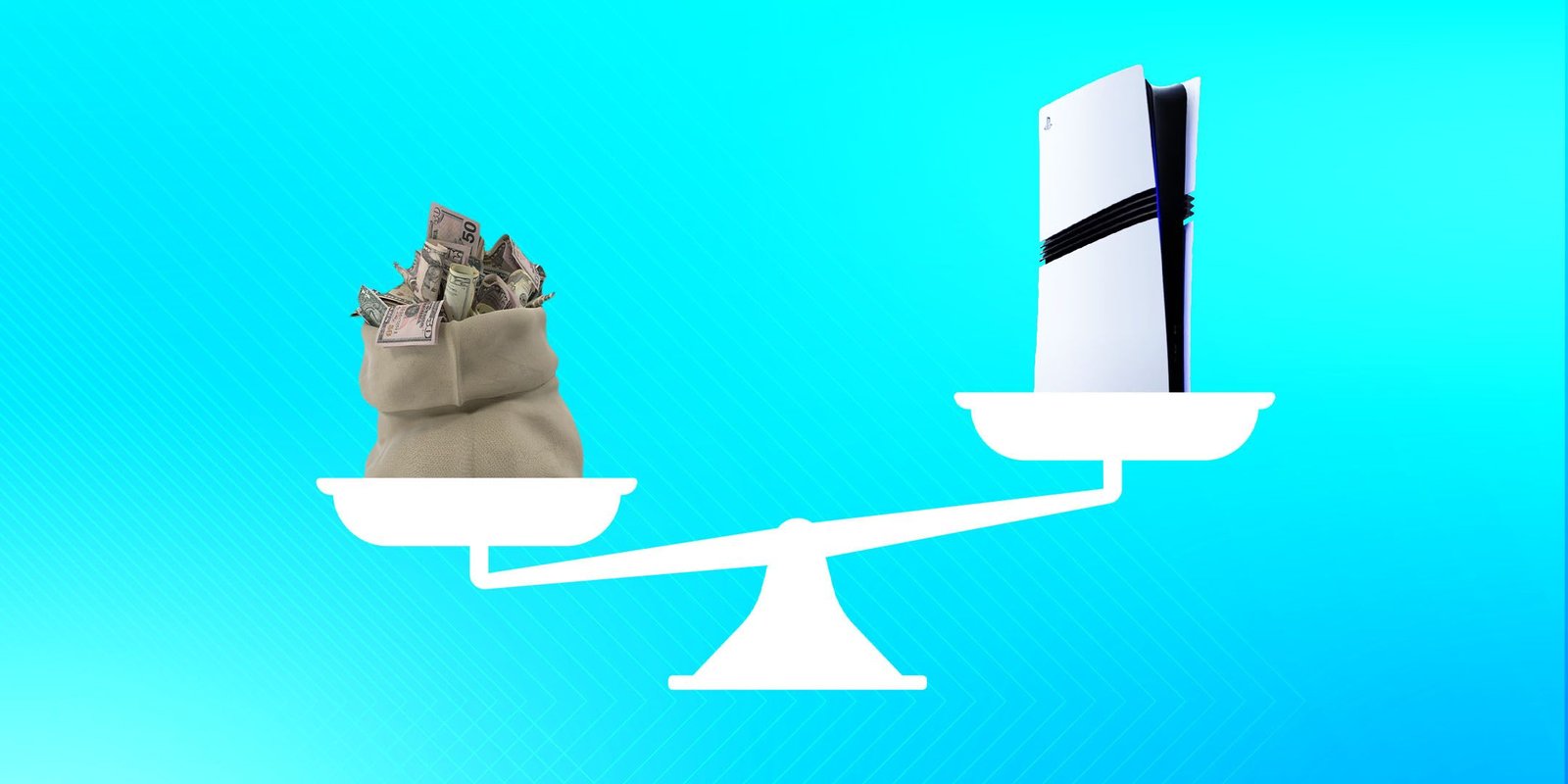 PS5 Slim Digital PS1 Bundle Will Reportedly Cost $500 2 A big bag of money on a scale with a PS5 Pro, and the bag of money weighs more.