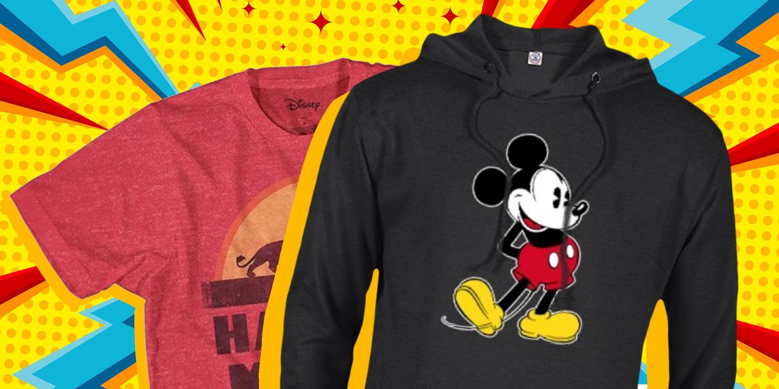 Best Movies On Disney Plus In 2024 21 A Hakuna Matata t-shirt and Mickey Mouse hoodie on a yellow background