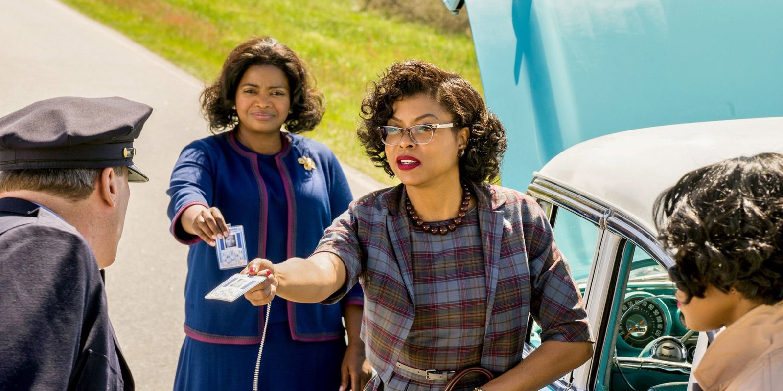 Hidden Figures Shot Of Katherine And Dorothy Showing ID To Officer At The Side Of The Road