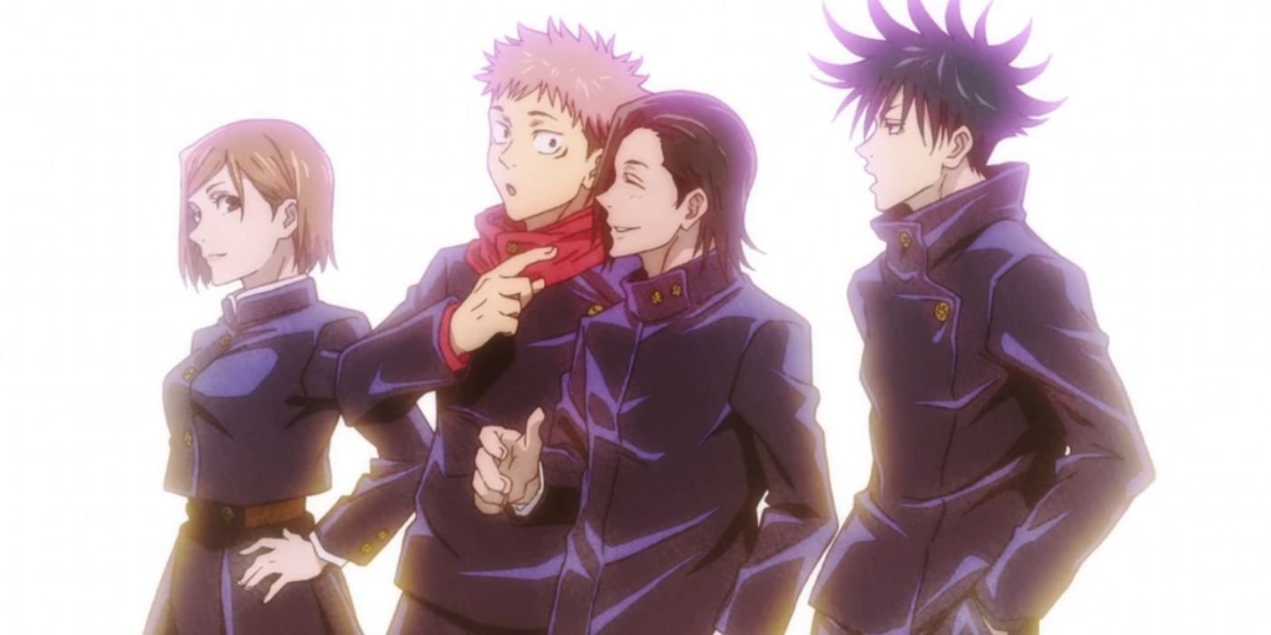 Yuji's fantasy with  Yuji, Megumi, Nobara, and Junpei in Jujutsu High uniforms together.