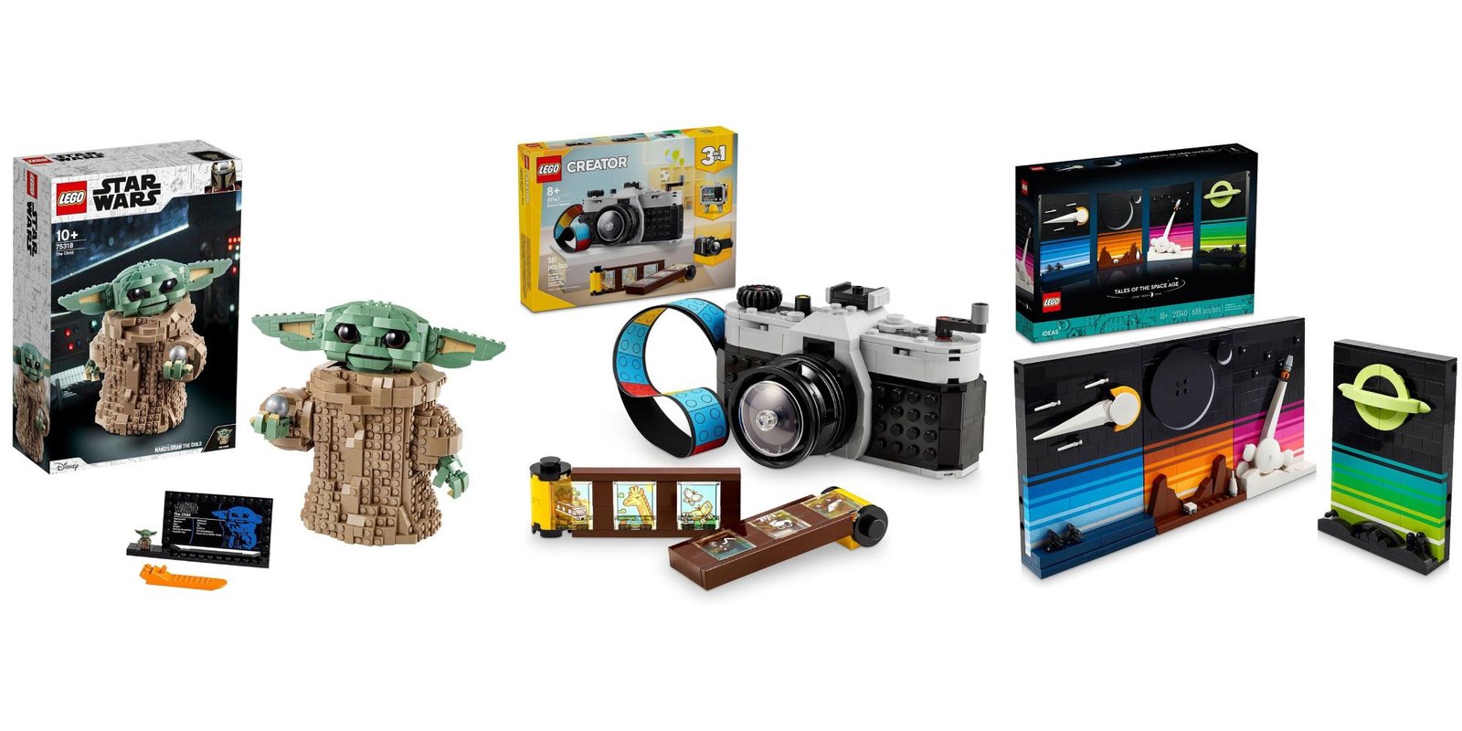 Best Star Wars Lego Sets 18 Three Lego sets, from left to right, Grogu, a retro camera, space postcards.