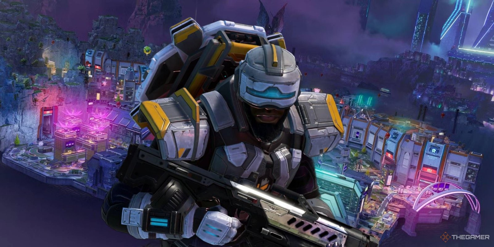 Apex Legends Launch Royale Shows How Far The Game’s Come 4 Apex Legends character Newcastle running towards the screen with e-District map behind him-1