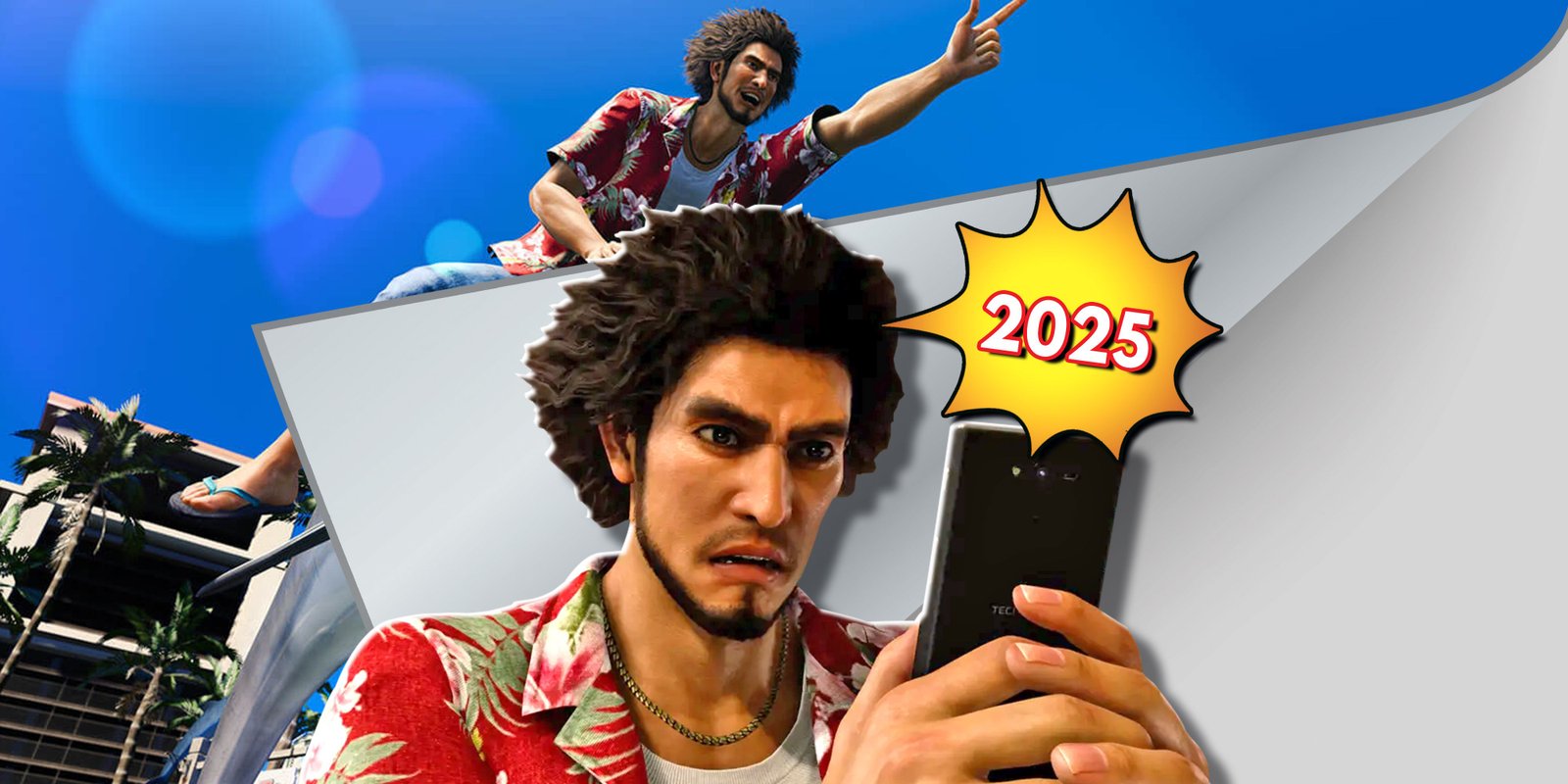Like A Dragon Pirate Game Starring Majima Revealed, Coming February 2025 2 Ichiban Kasuga looking at his cell phone in Like A Dragon Infinite Wealth with the number 2025 above the phone