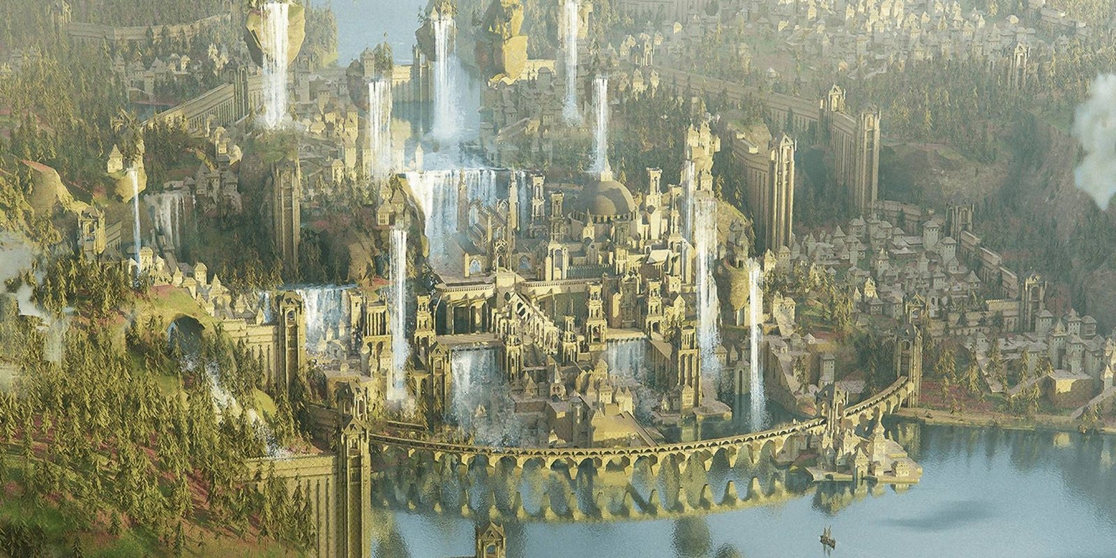 Ashes Of Creation - River city from above, multiple bridges and spires.
