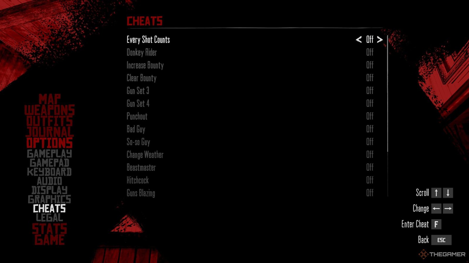 All Cheat Codes And How To Use Them In RDR And Undead Nightmare 2 The player showing all the available cheat codes in the main game in Red Dead Redemption.