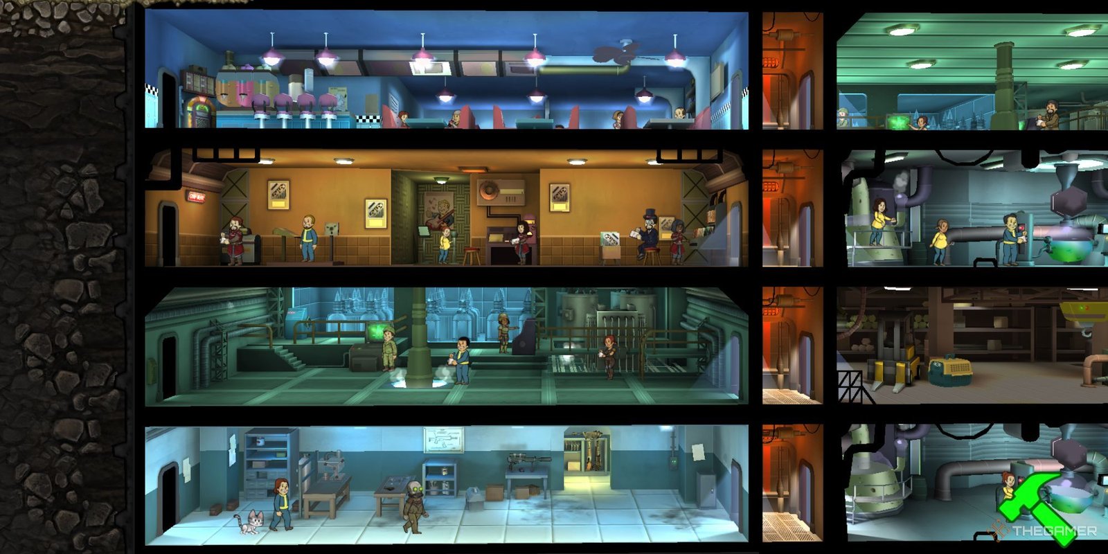Tips And Tricks For Fallout Shelter 3 Diner, Radio Station, Power Plant, and Weapon Workshop displayed, three of room is merged together, making one big room