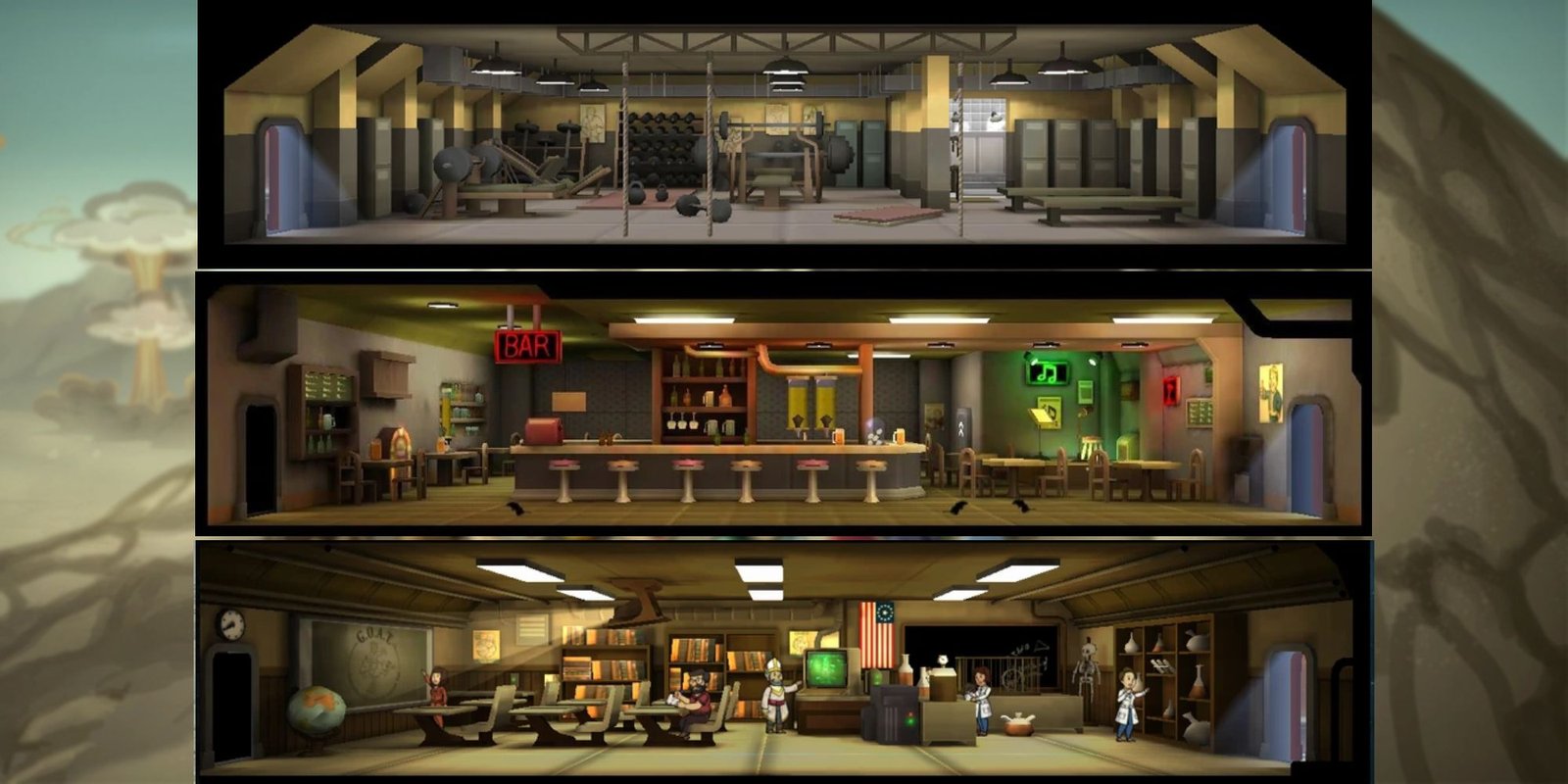 Tips And Tricks For Fallout Shelter 7 An image from Fallout Shelter of three Training Rooms, where you can train your skills. These are the weightroom, the lounge, and the academy.