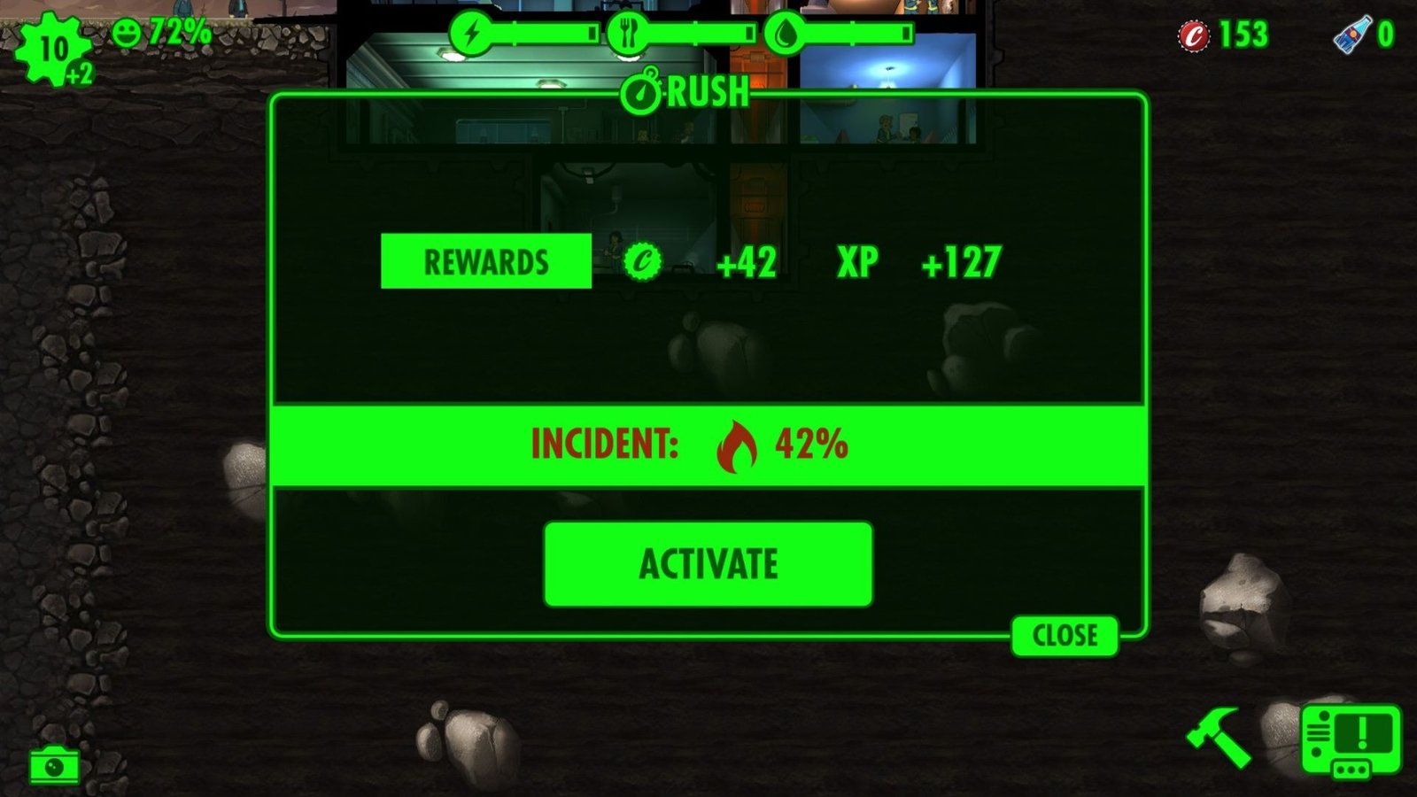 Tips And Tricks For Fallout Shelter 5 An incident chance of 42 percent if a rush is performed in Fallout Shelter.