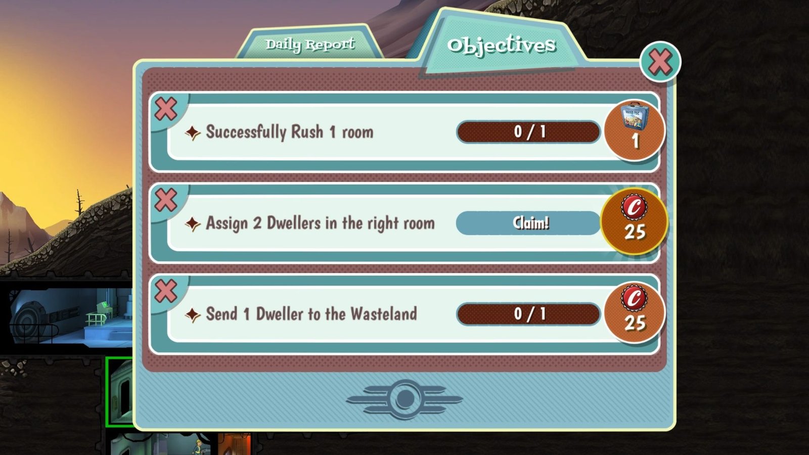 Tips And Tricks For Fallout Shelter 6 Three daily objectives, with one completed and two more needing to be completed in Fallout Shelter.
