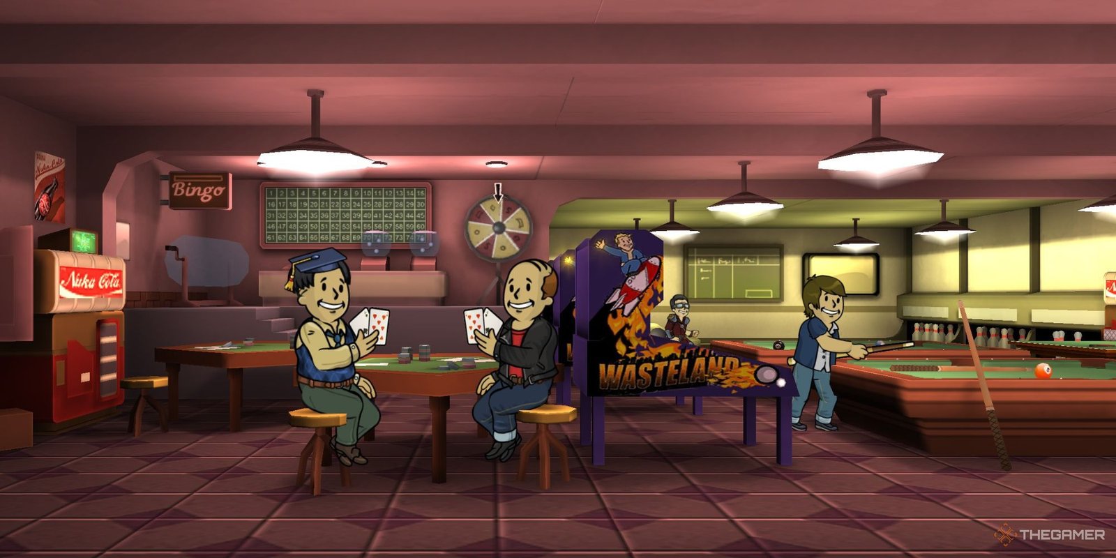Tips And Tricks For Fallout Shelter 11 Fallout Shelter Four vault dwellers using the games room to increase luck, two are playing cards and others are playing pool.