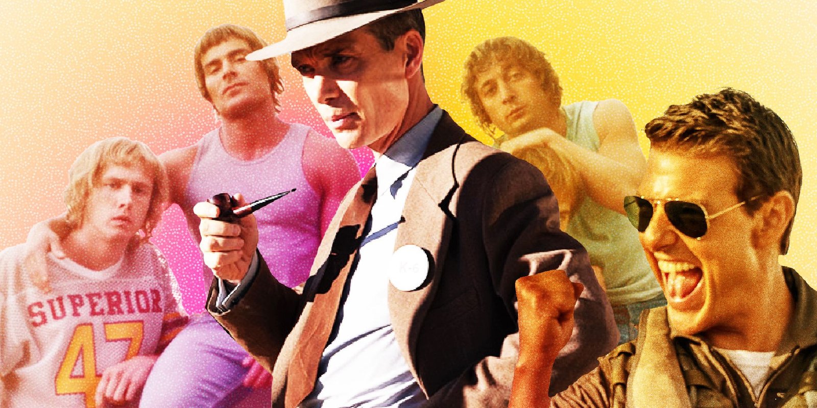 Netflix Didn’t Introduce A Skip The Foreplay Button, And Never Should 3 Cillian Murphy as Oppenheimer standing in the center, Tom Cruise from Top Gun Maveric at the bottom right, and the boys from The Iron Claw in the background.