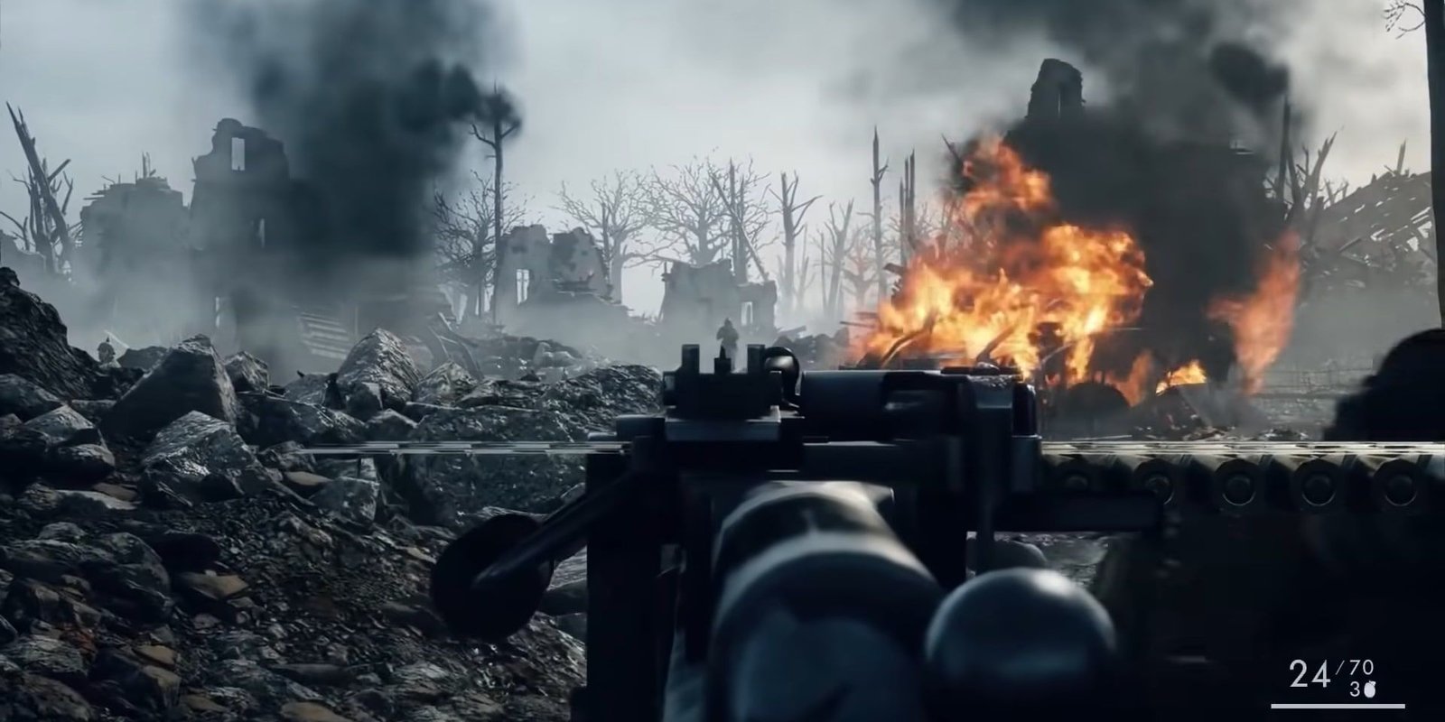 Battlefield 1 Finally Got An Important Update After 8 Years, And I Can't Wait To Return 3 The opening sequence in Battlefield 1 where a soldier is aiming his sights at an enemy near burning wreckage.