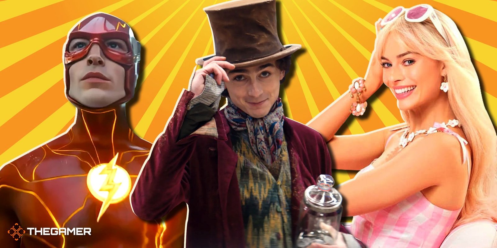 2024’s Weak Blockbuster Slate Could Be Just What We Need For Better Movies 3 Main characters from Wonka, Barbie, and The Flash on a yellow background