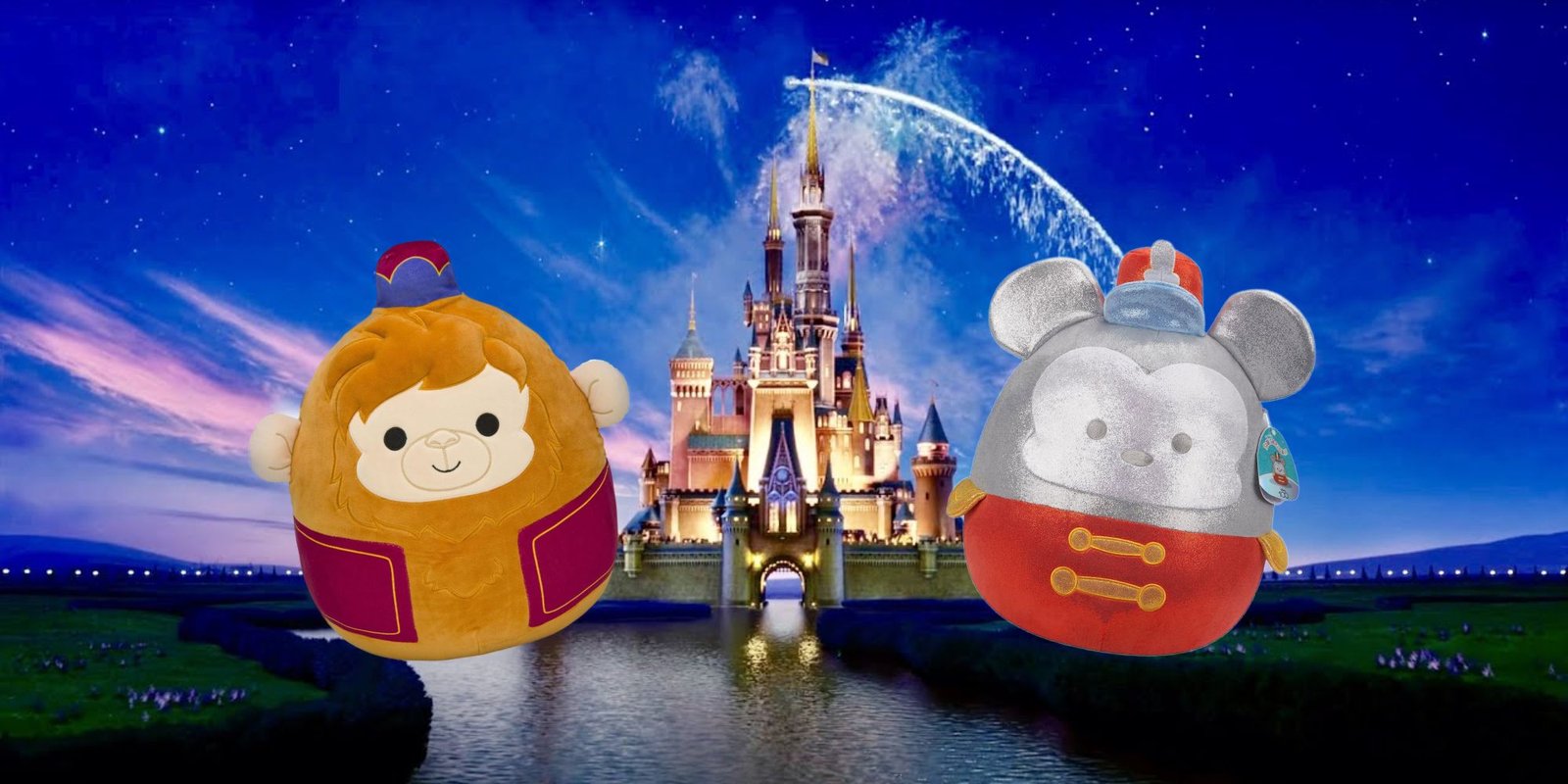Best Movies On Disney Plus In 2024 1 Disney Squishmallows Featured Image Featuring Disney Castle in the background with Abu and Mickey in the foreground