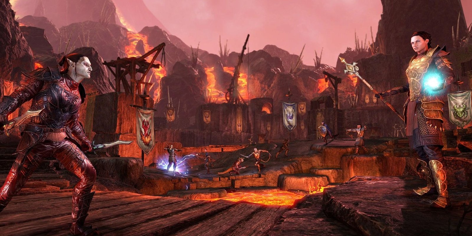 ESO Narrative Director Responds To Non-Binary Companion Backlash 1 The Elder Scrolls Online two characters in the midst of a volcano staring at each other while a battle rages behind them.