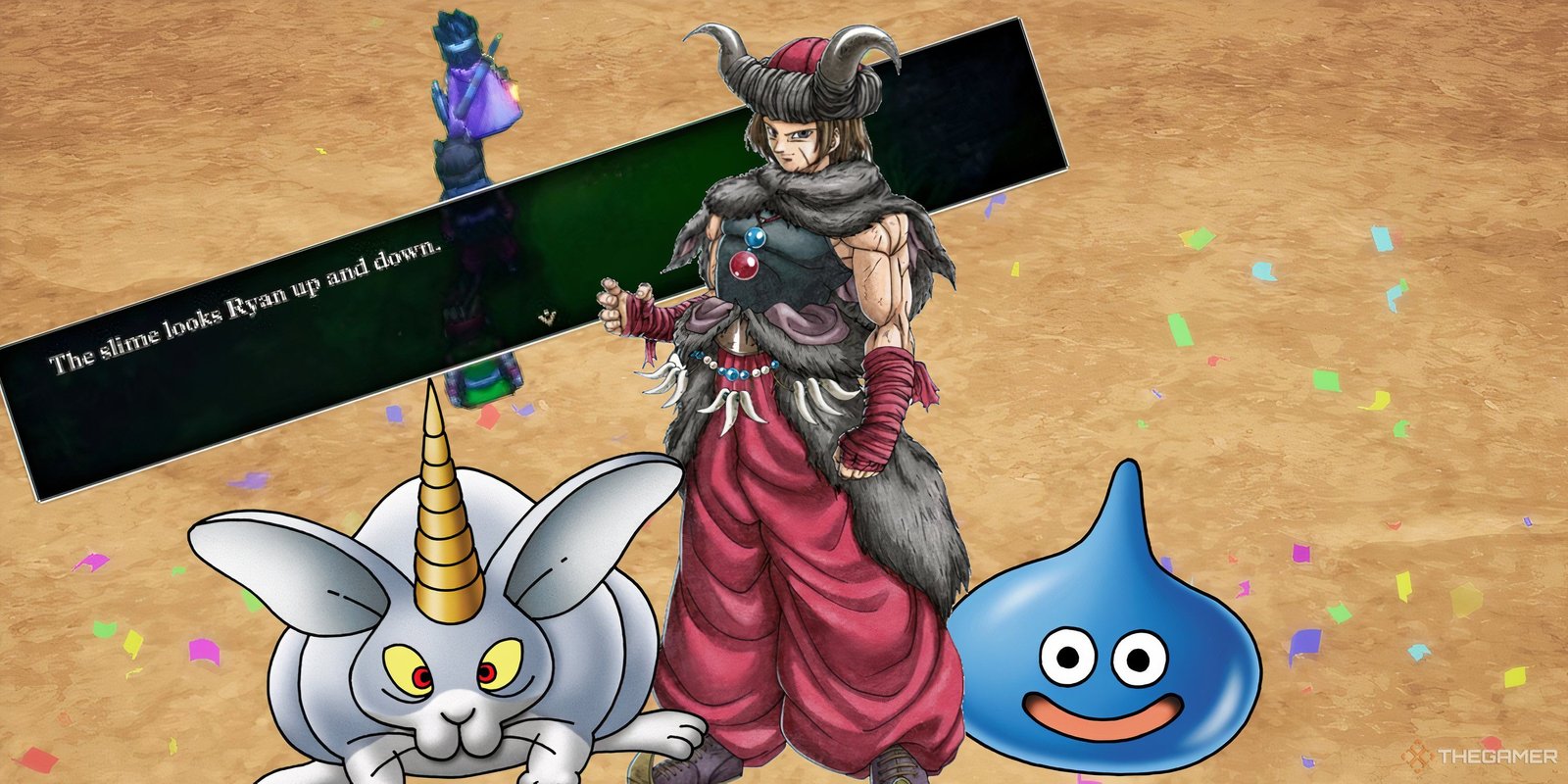 I Became A Bean Nuisance In Dumb Ways: Free For All 4 Art of the Monster Wrangler class, Slime, and Bunicorn with a cropped screenshot from Dragon Quest 3 HD-2D.