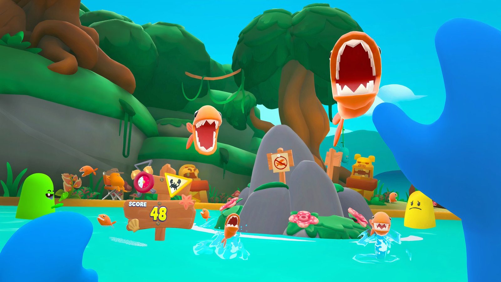 I Became A Bean Nuisance In Dumb Ways: Free For All 2 Deflecting piranha in Dumb Ways to Die Free for All.