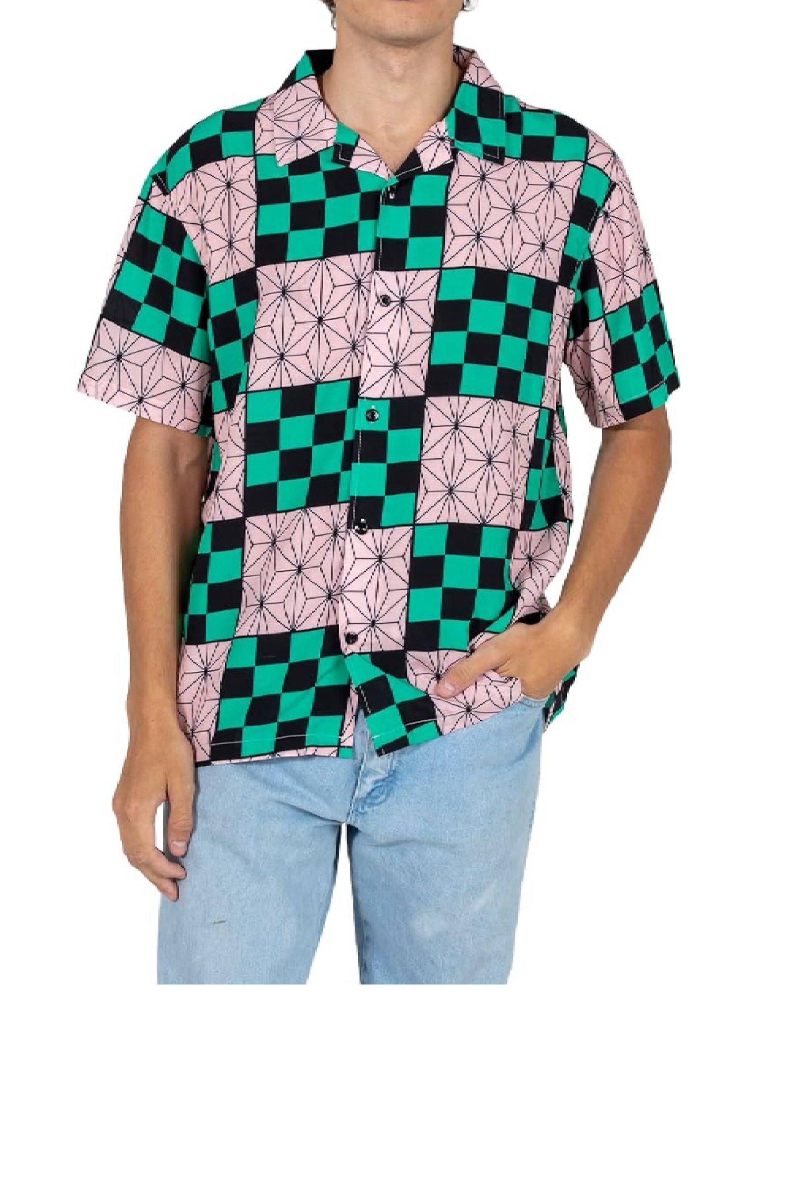 Must-Buy Demon Slayer T-Shirts In 2024 1 Demon Slayer Tanjiro Nezuko Print Short Sleeve Button Down Shirt