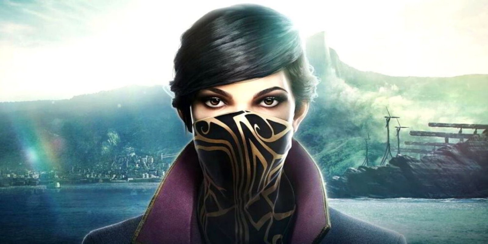 A close up of Emily in a mask with Karnaca in the background in Dishonored 2