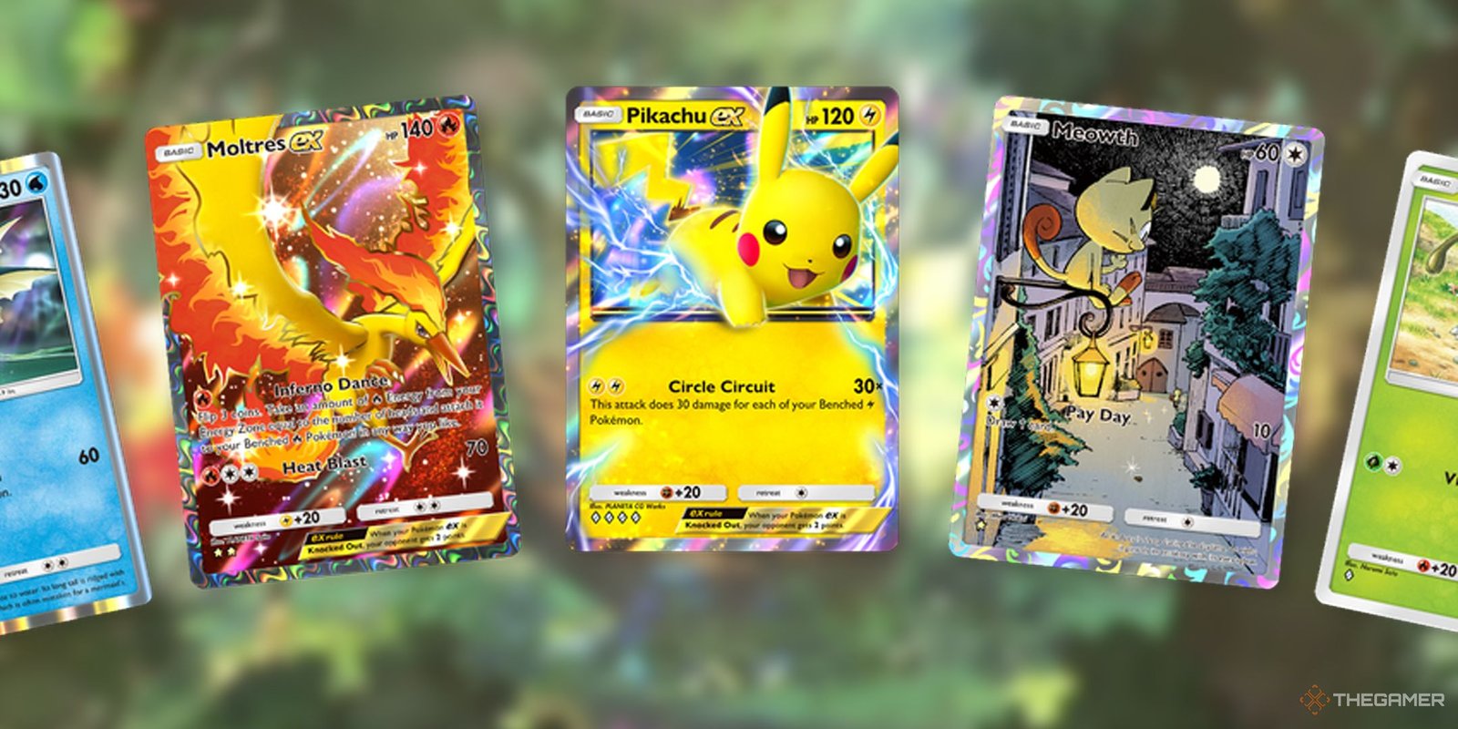 Pokemon TCG Pocket Is A Pale Imitation Of The Card Collecting Hobby 1 A series of Pokemon cards, including Moltres EX, Pikachu EX, and Meowth set on a subdued green background.