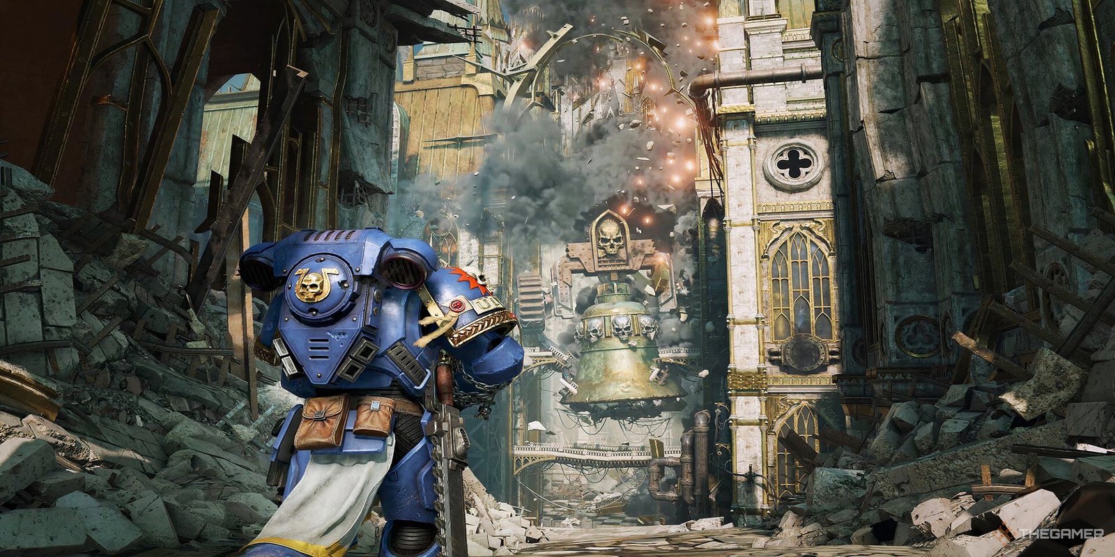 Space Marine 2 Mod Gives Campaign Deathwatch Overhaul 1 Space Marine running through falling Cathedral with debris falling all around him.