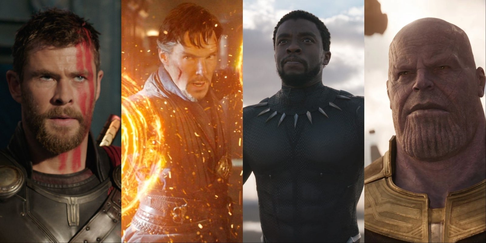 The Best X-Men Movies Of All Time 1 Thor (Chris Hemsworth), Stephen Strange (Benedict Cumberbatch), T'Challa/Black Panther (Chadwick Boseman), and Thanos (Josh Brolin), from the MCU