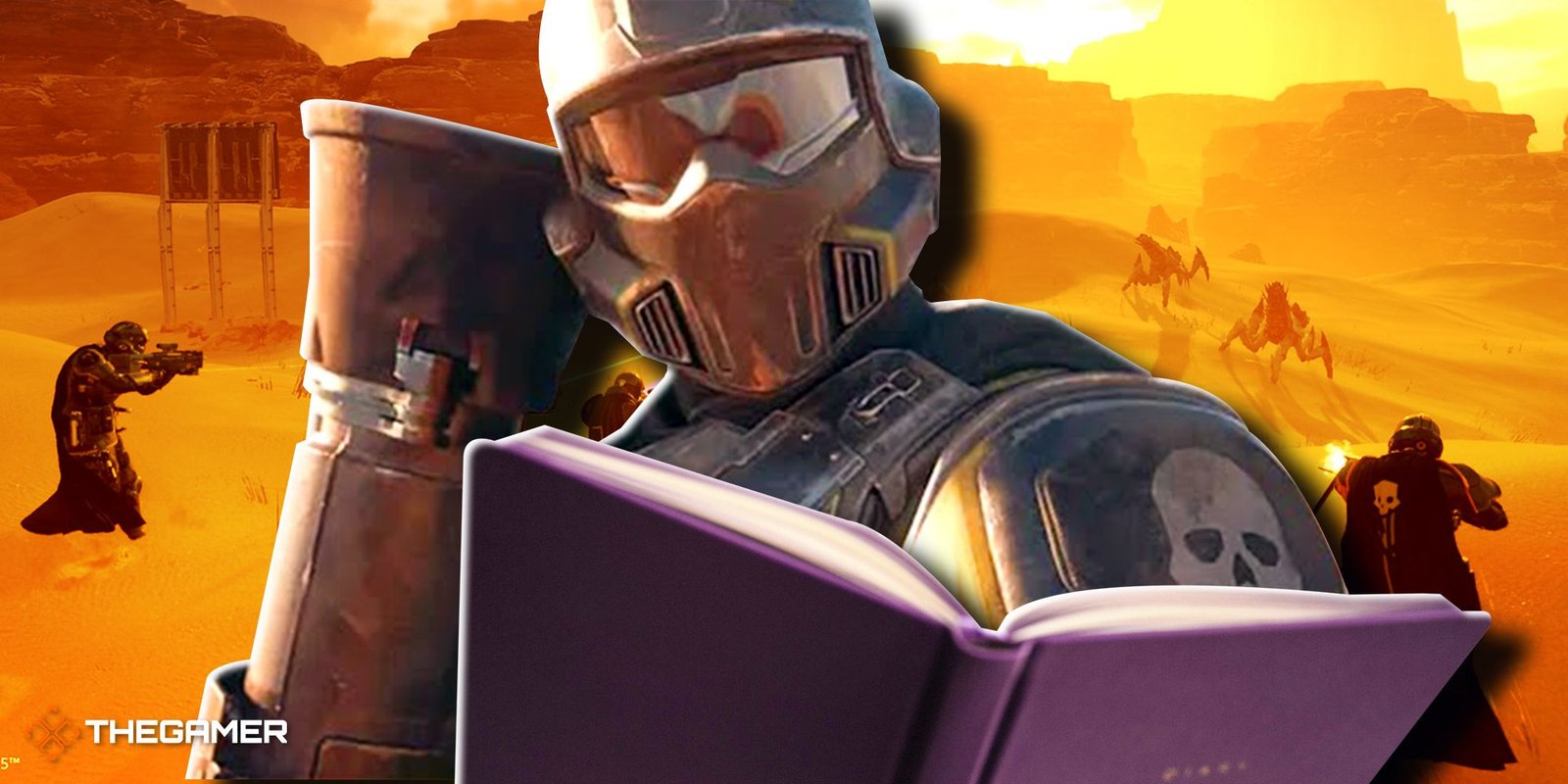 The 'Borderlands Cinematic Universe' Is Not Happening 1 The background is a bright yellow sandscape with soldiers shooting Terminids. In the foreground is a soldier with a rocket launcher, reading a book.