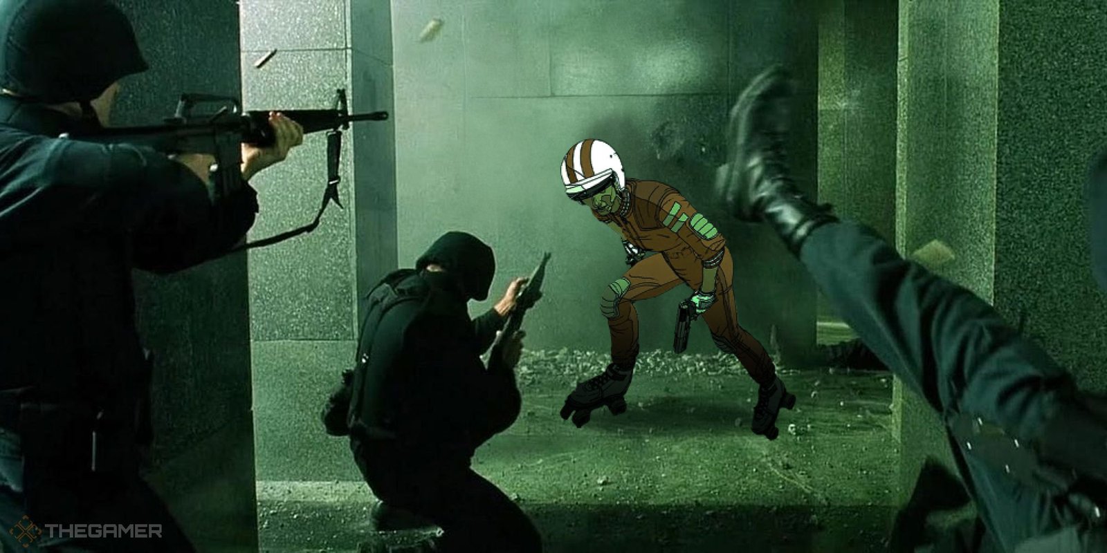 The Existence Of The Matrix 5 Actively Detracts From The Franchise 1 Guards from The Matrix pointing guns at Kara Hassan from Rollerdrome.