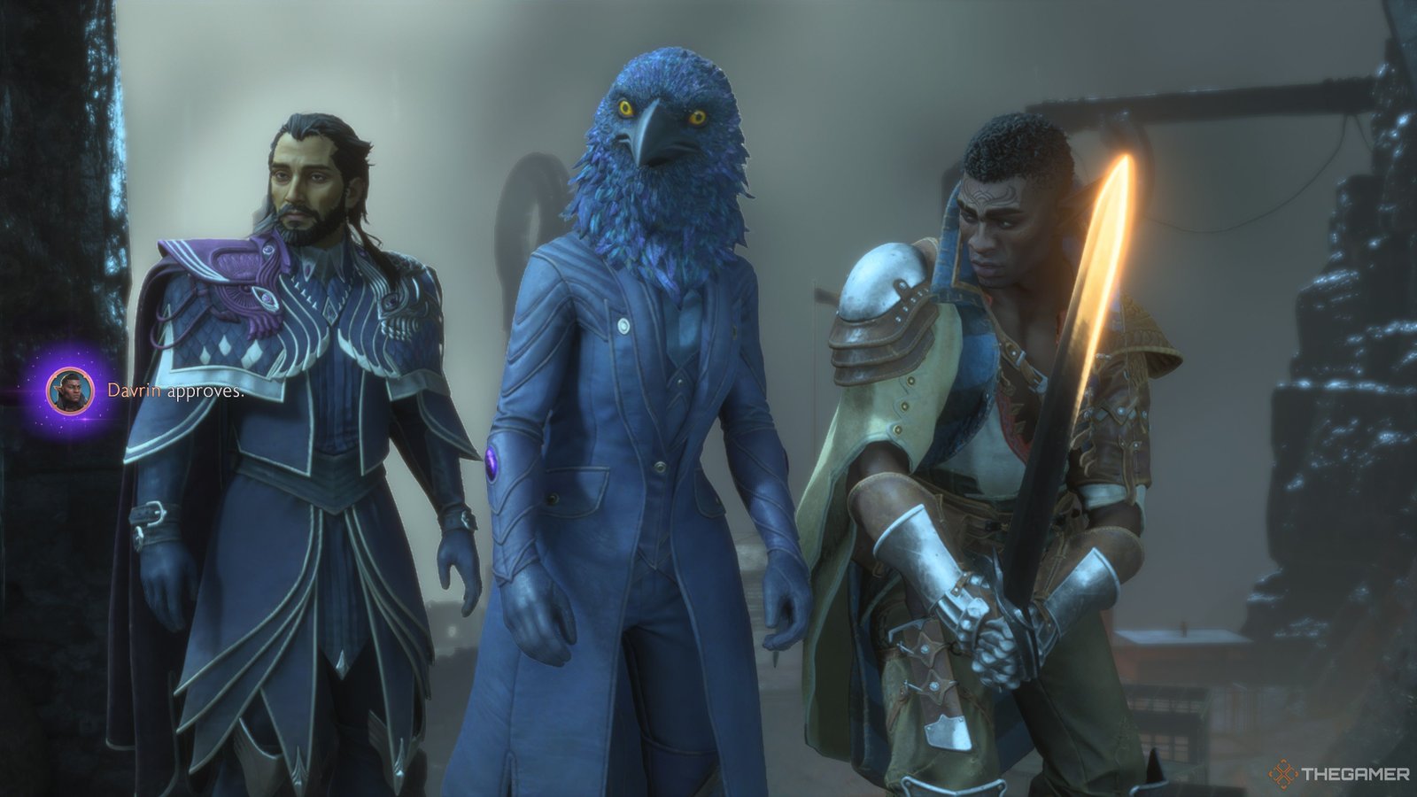 The Veilguard Is Not Welcoming To New Players 1 Rook wearing a crow helmet, Lucanis, and Davrin in Dragon Age The Veilguard