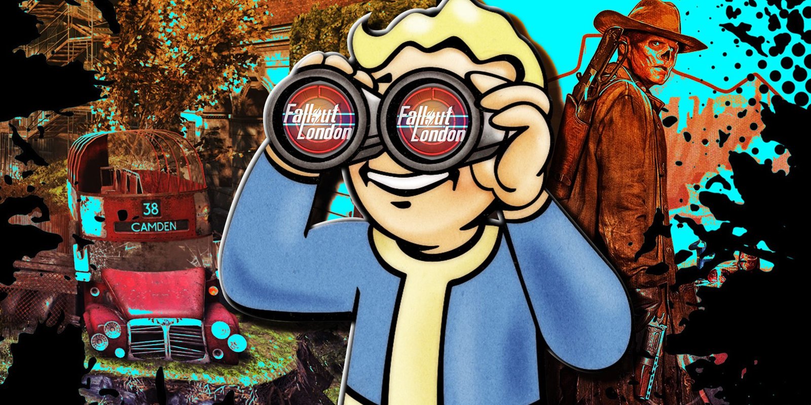 You All Care About Fallout's Canon Way Too Much 1 Fallout Vault Boy looking at the Fallout London logo through binoculars with Walton Goggins' ghoul in the background