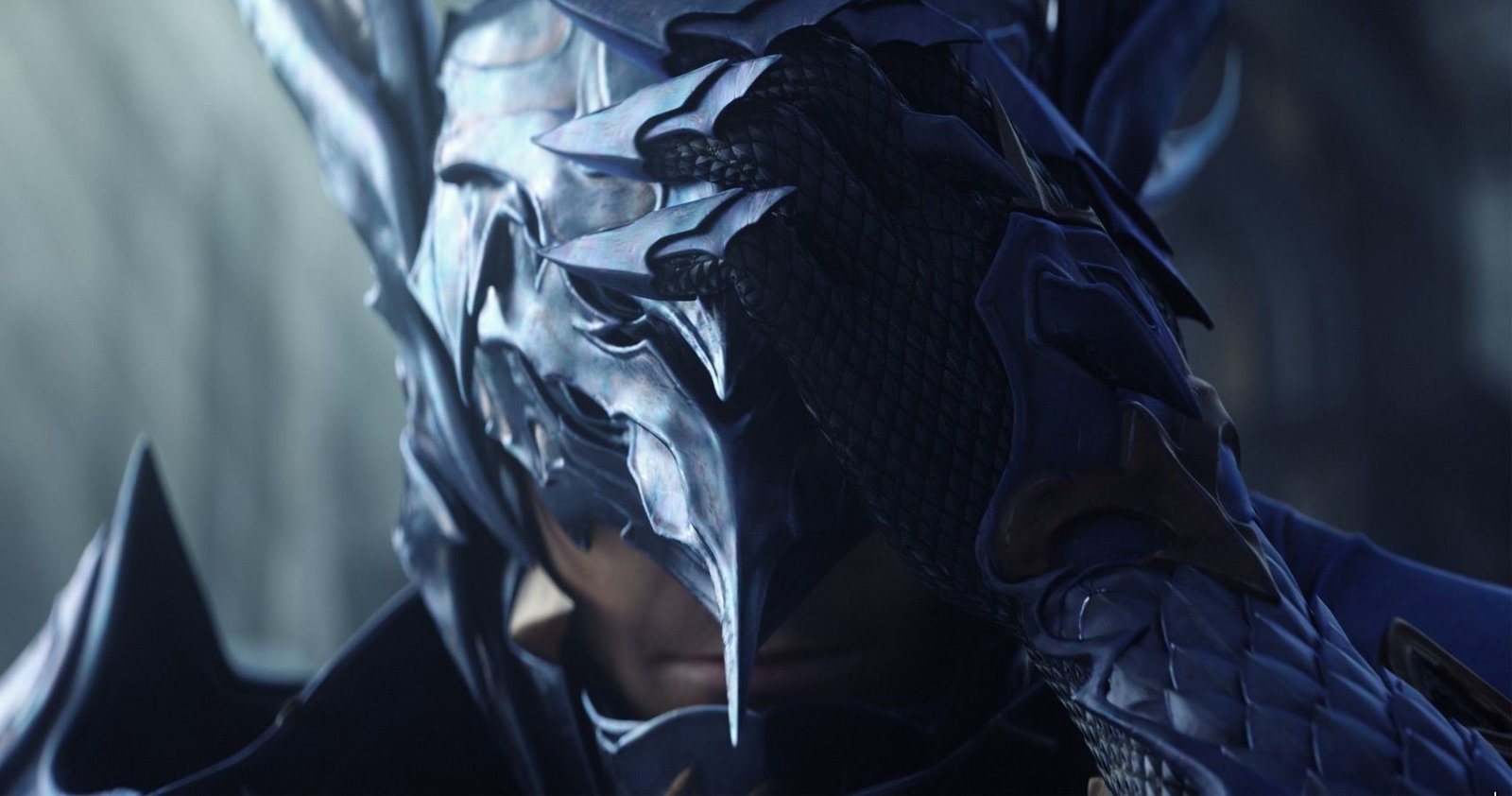FF14 dragoon character facial closeup with character wearing beaked helmet