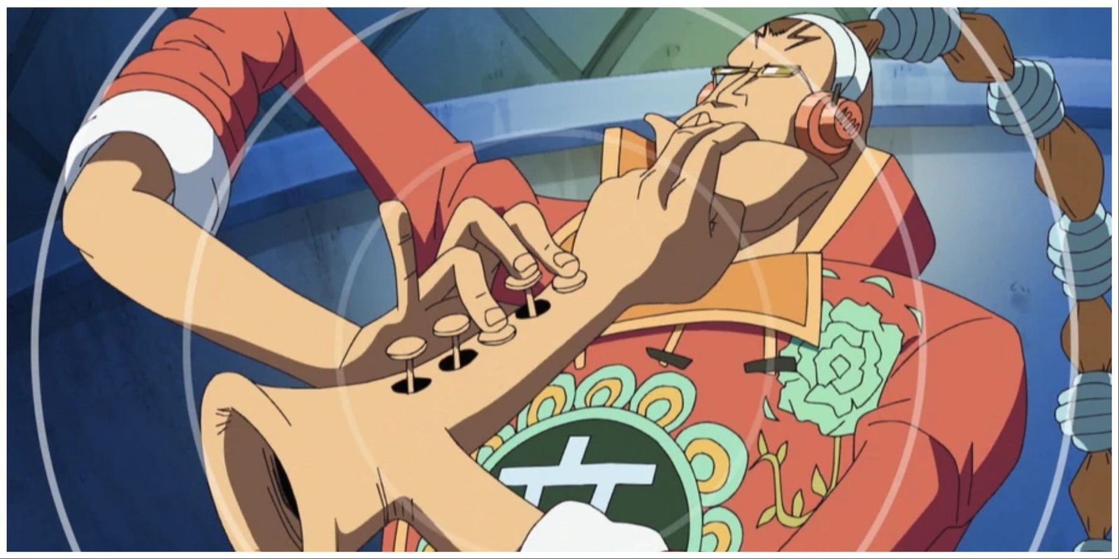 Scratchmen Apoo from One Piece using his power to turn his body parts into musical instruments.