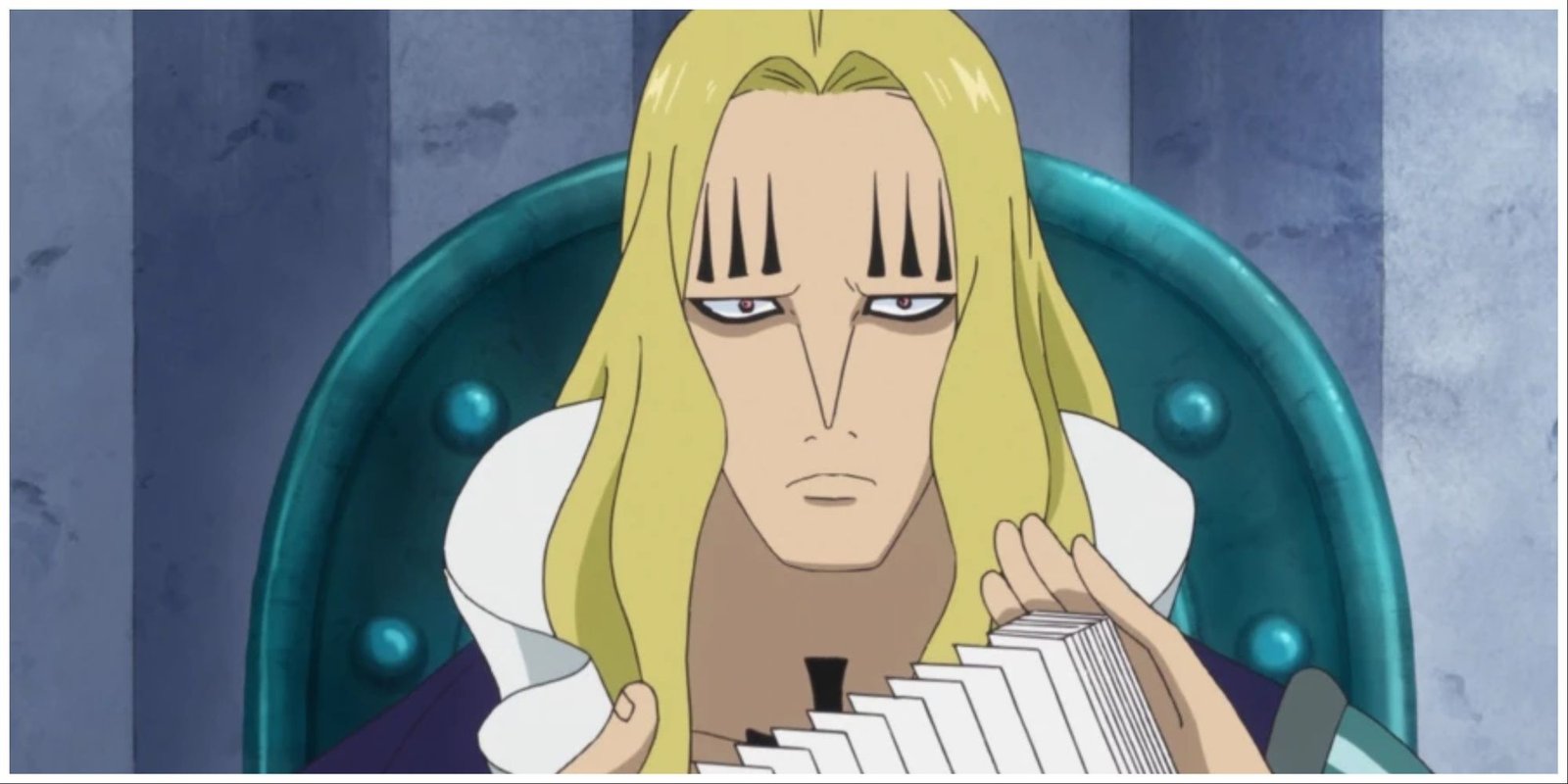 Basil Hawkins from One Piece shuffling his tarot cards.